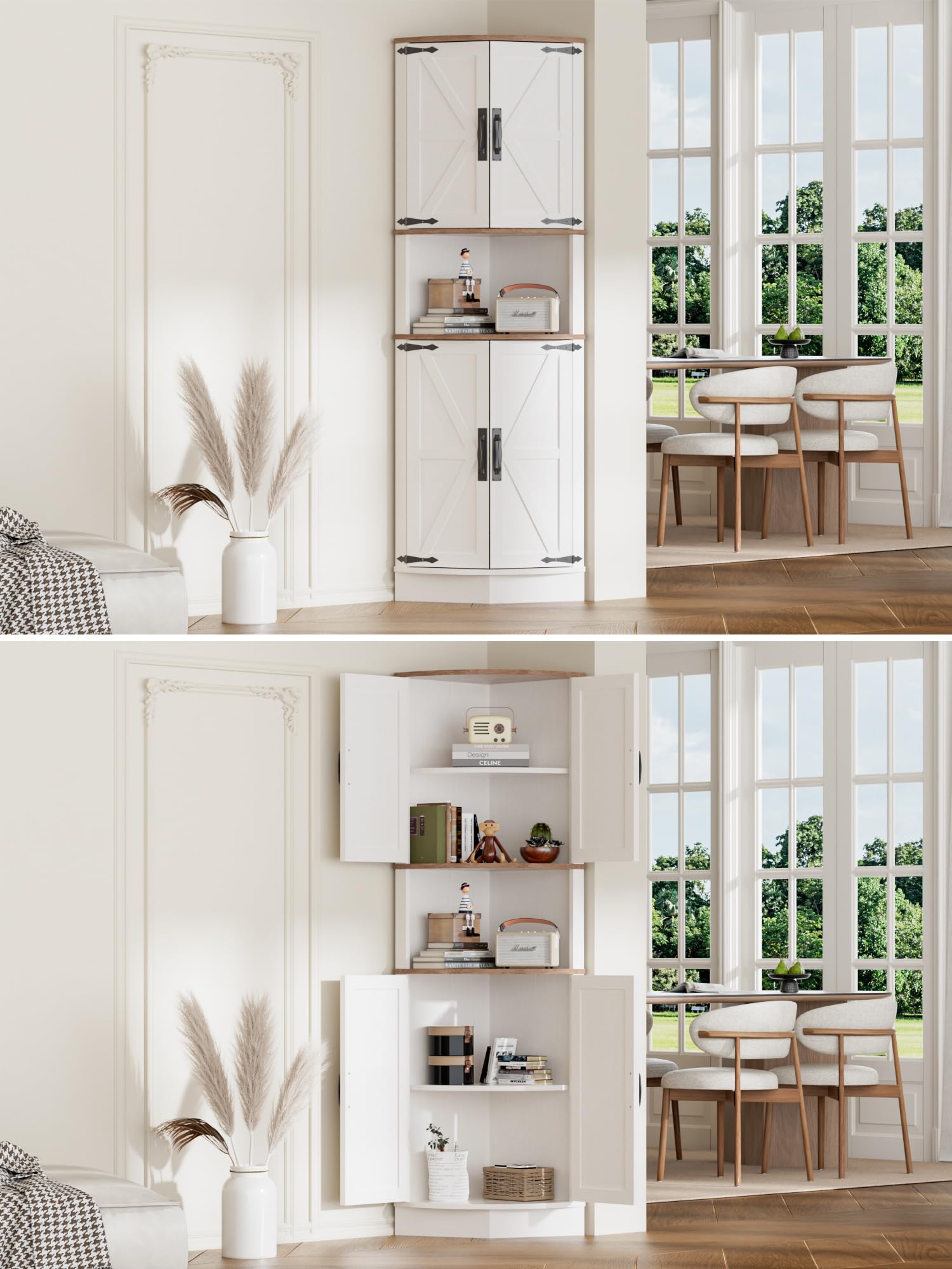 BonVache Meuble d’Angle, Buffet, Meuble de Rangement, Armoire Haute, Armoire Multi-usages pour Salle à Manger, Salon, Bureau, 165x56x41.5 cm, Blanc