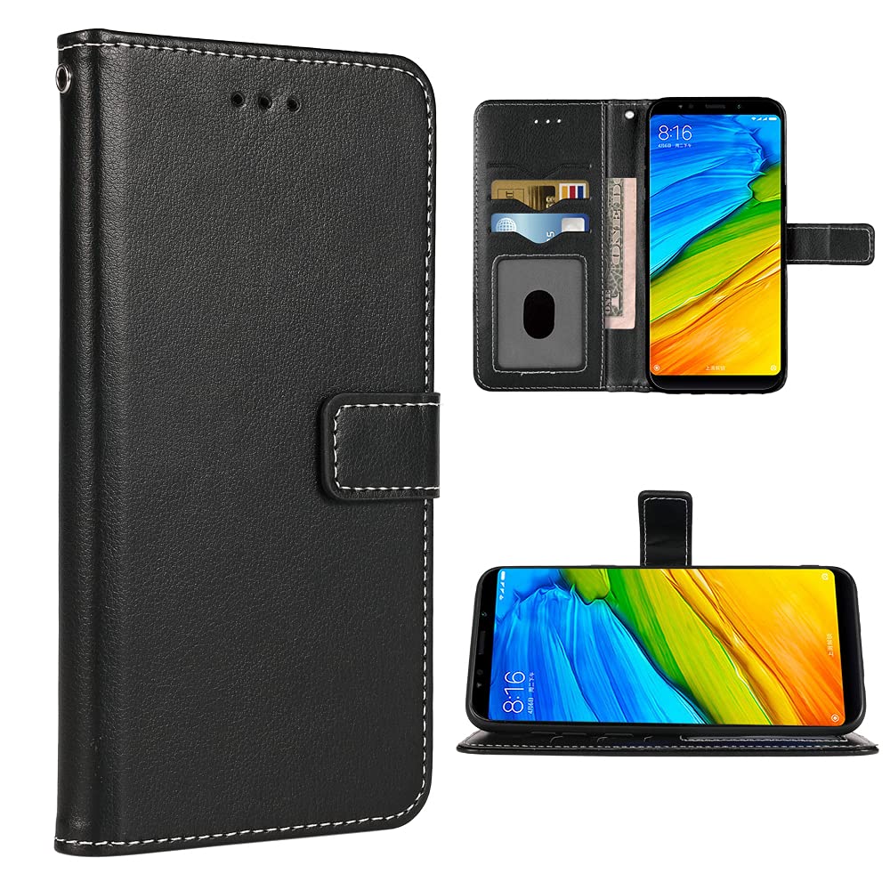 Compatible with Xiaomi Redmi Note 5 Wallet Case Wrist Strap Lanyard Leather Flip Cover Card Holder Stand Cell Accessories Phone Cases for Xiami Xiomis Xiome Xiomi Redmi notet5 Black