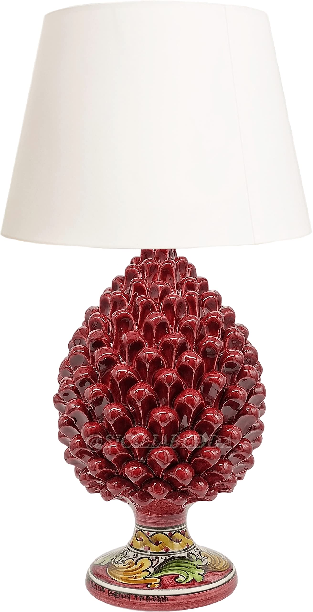 sicilia bedda - LAMPADA DA TAVOLO - PIGNA SICILIANA H 32 Centimetri Decorazione Maioliche Casuale - Ceramica di Caltagirone (PIGNA CON PARALUME CHIARO, BORDEAUX)