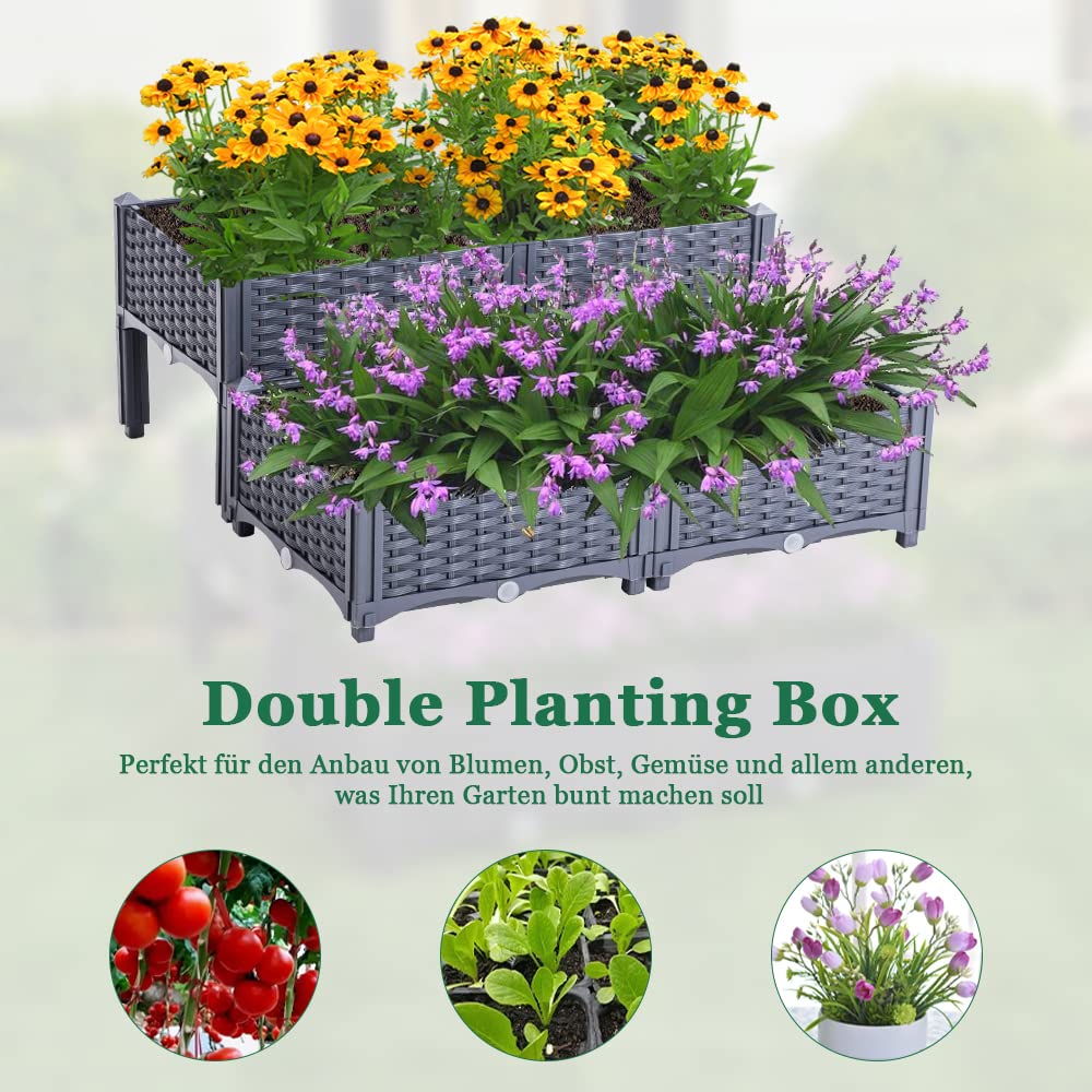 Mingone 4X Blumenkasten Rattan Optik Kunststoff, 40x40, Grau | Wasserspeicher, Balkonkasten, Für Balkon Garten Terrasse