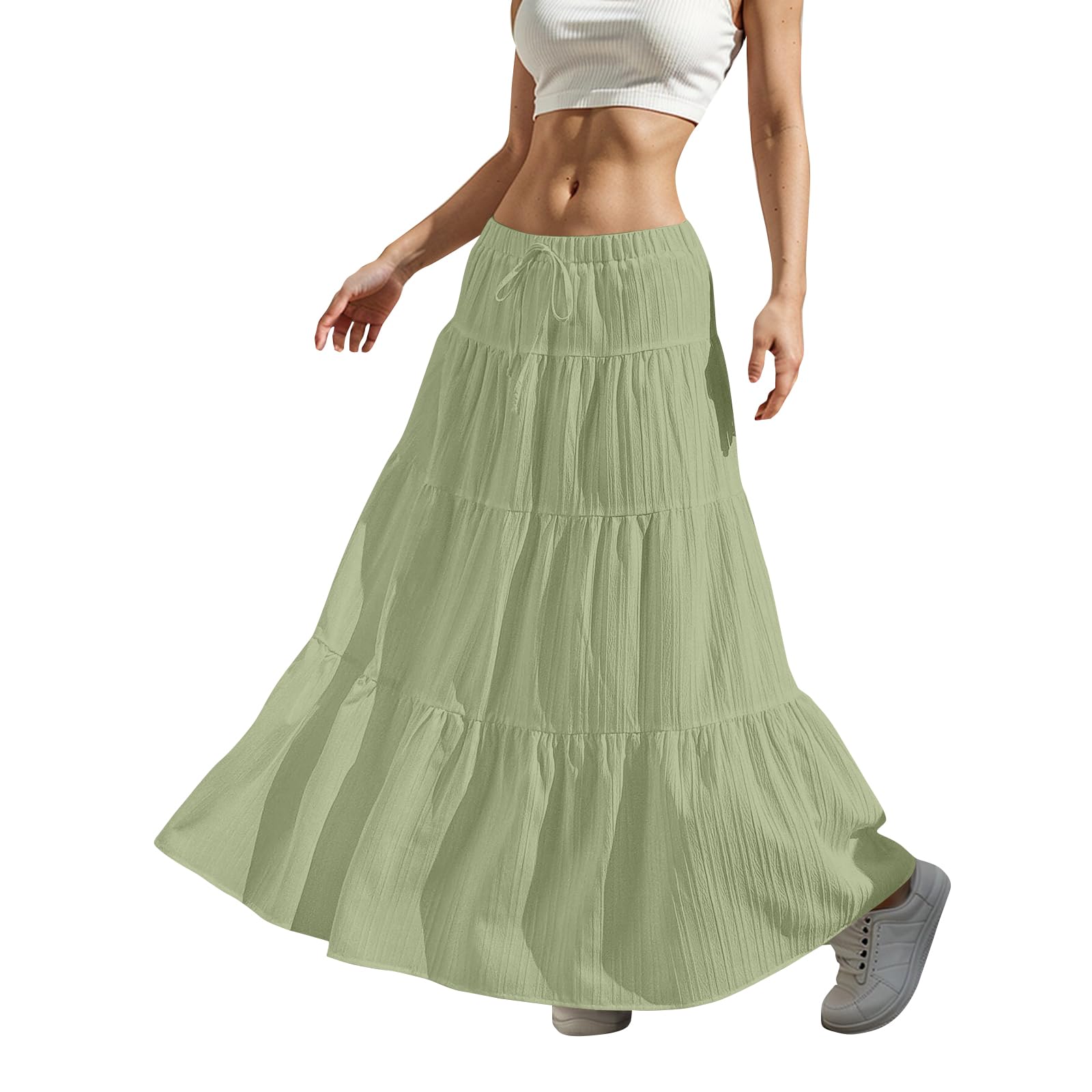 Tiered Long Skirts for Women Summer Vacation A-Line Pleated Skirt Drawstring High Waisted Flowy Swing Maxi