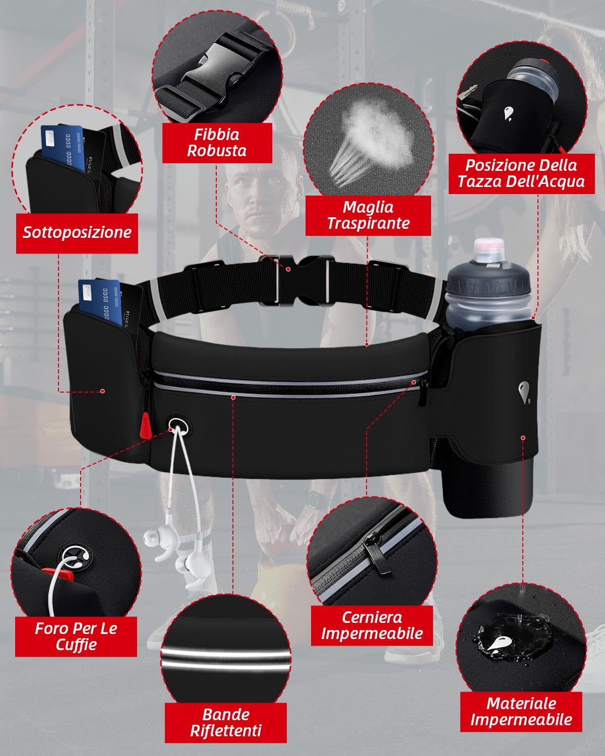 Marsupio Running,Marsupio Sportivo con Portabottiglie,Marsupio Corsa Impermeabile Regolabile,Marsupio Porta Cellulare con Strisce Riflettenti foro per Cuffie,Adatto per l'allenamento all'aperto,Nero