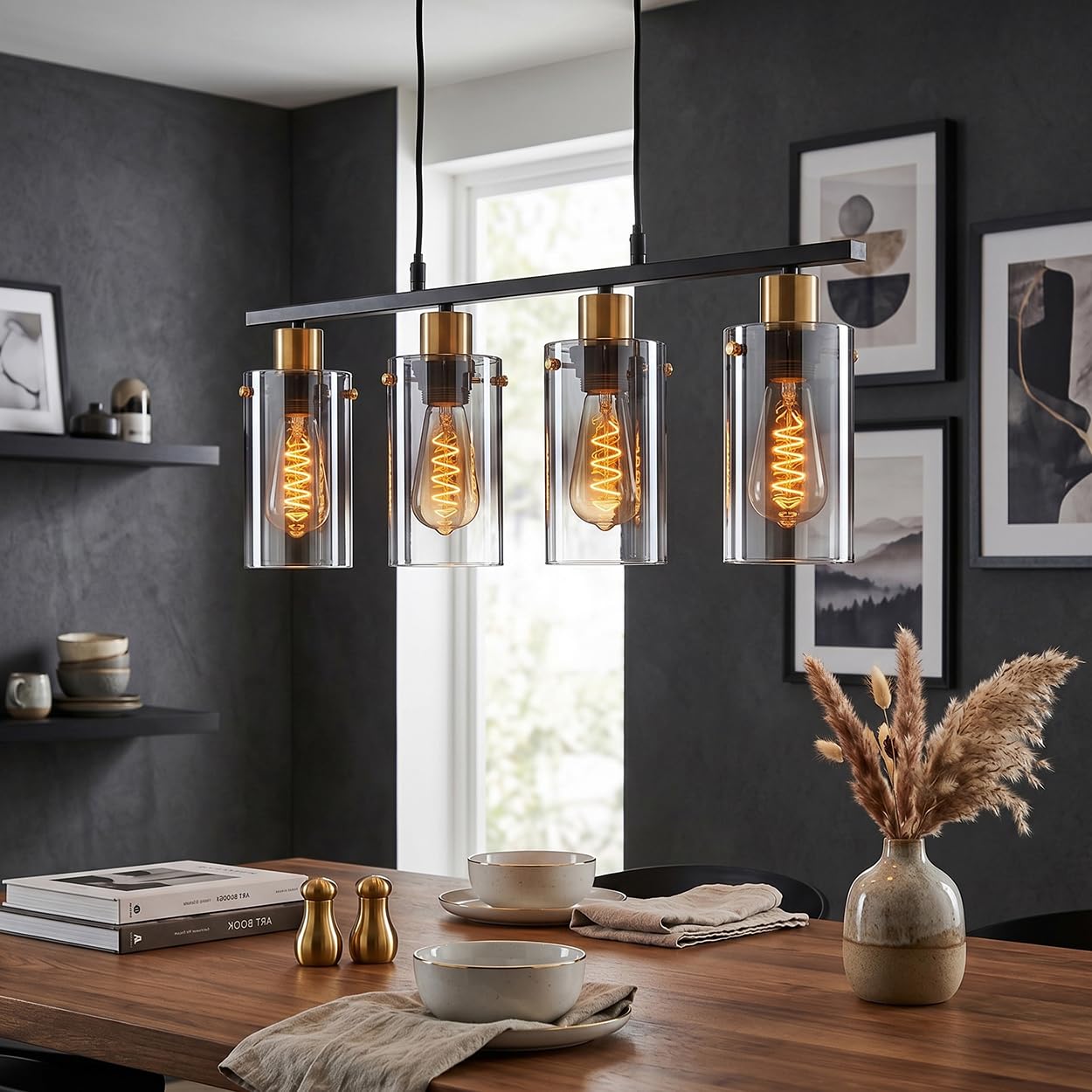 Pendelleuchte Hunouri, Hängelampe aus Metall/Glas in Schwarz/Messingfarben/Rauchfarben, Hängeleuchte im Retro/Vintage-Design mit Glasschirmen (Ø 10 cm), Höhe max. 120 cm, 4 x E27, ohne Leuchtmittel