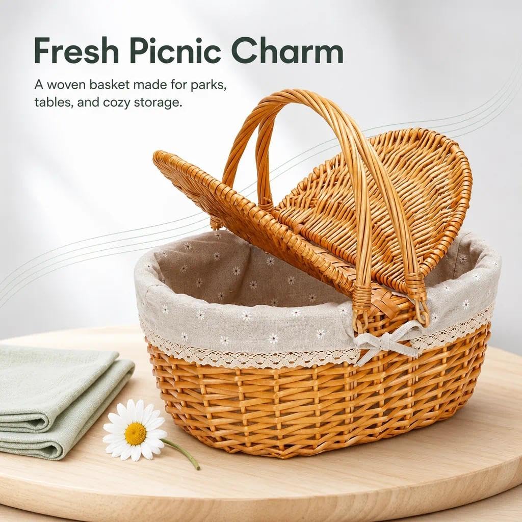 Cestino da picnic in vimini con coperchio, cestino per la spesa intrecciato con manico e fodera, cestino per funghi, cestino in vimini per picnic, campeggio, raccolta di verdure (fiori bianchi)