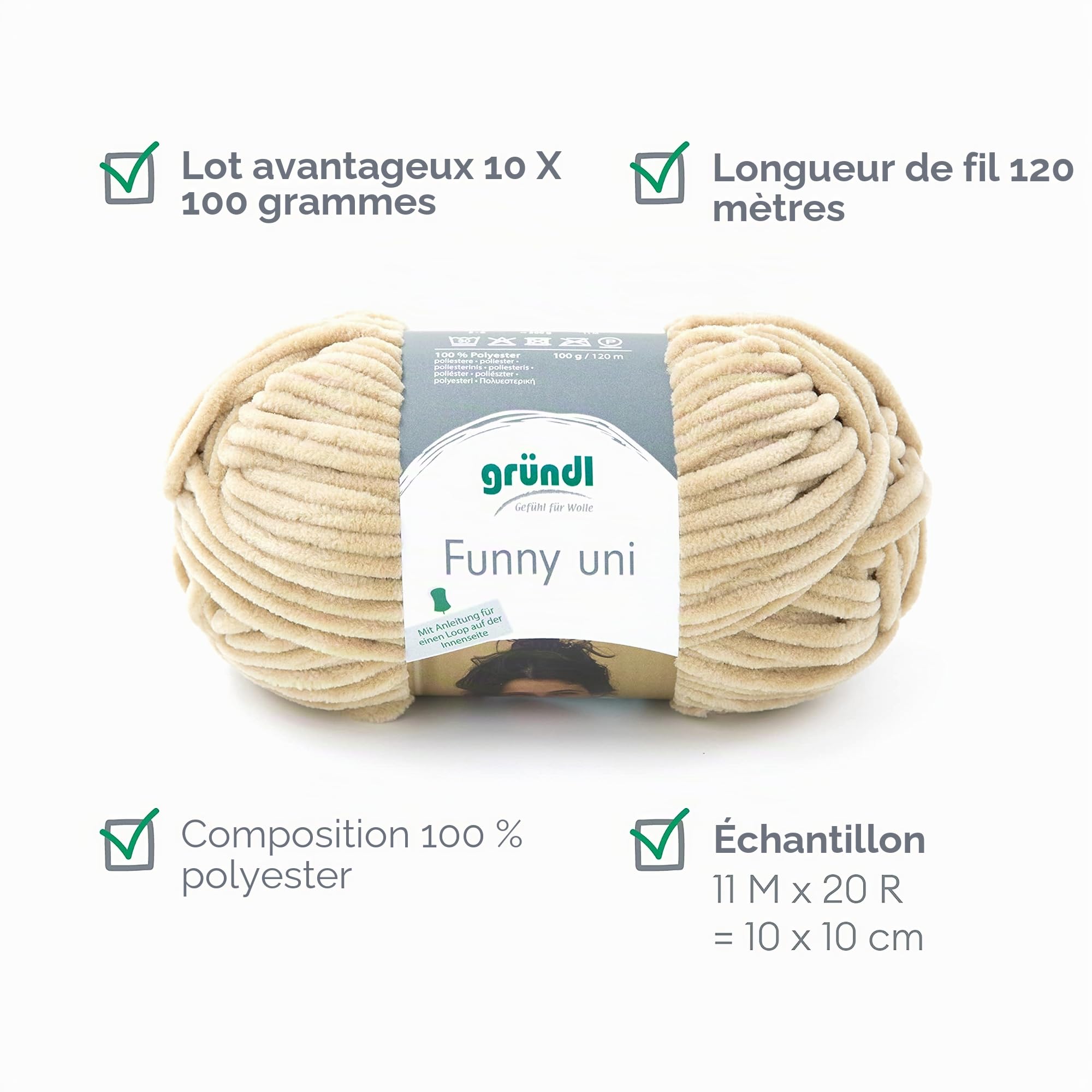Gründl Laine Funny uni - laine chenille douce pour le crochet – moelleuse et respectueuse de la peau - 100% polyester – 10 pelotes 100 g / 120 m – taille d’aiguille 5-6 -beige