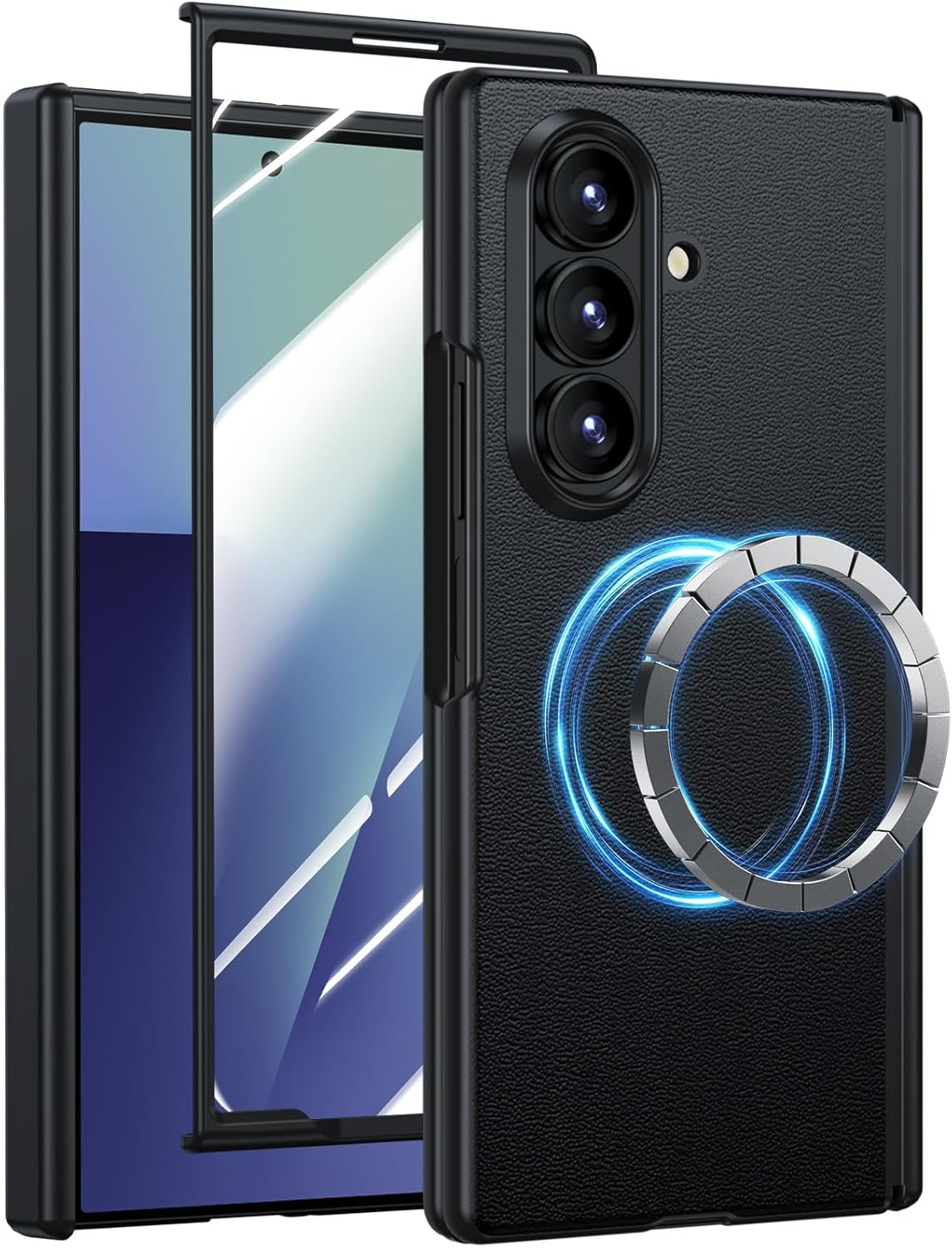 Magnetic for Galaxy Z-Fold-7 Leather Case: Military Grade Hinge Protection, Screen Protector, Fit for MagSafe Wireless Charging, Shockproof Magnet Phone Cover for Samsung Z Fold 7 Case, Black