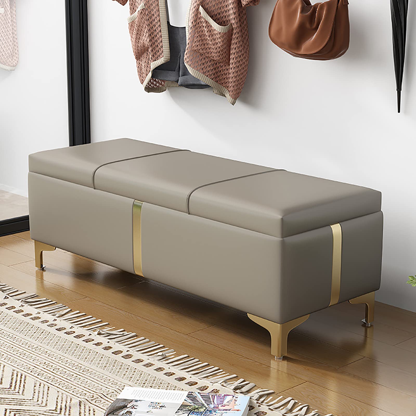 Wyściełana otomana sztuczna skóra do przechowywania z eleganckim tuftowanym wzorem i metalowymi nogami szara idealna do salonu, przedpokoju, sypialni 60 x 40 x 40 cm