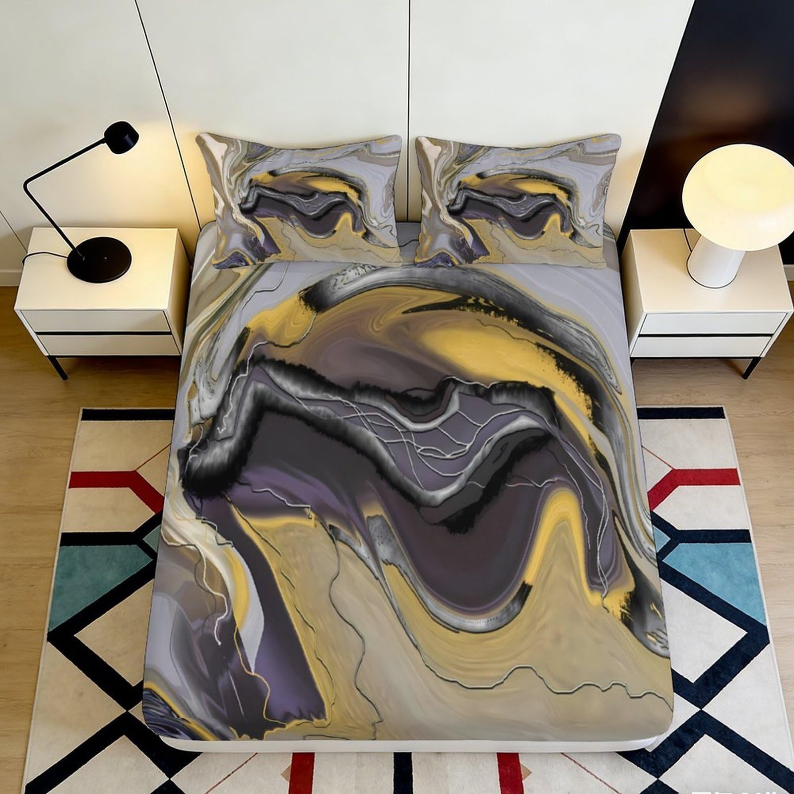 3D Printed Marble Swirl Fitted Sheet Microfiber Soft Gold Black Abstract Mattress Cover for Bedroom Dorm Decor 90x200x25cm
