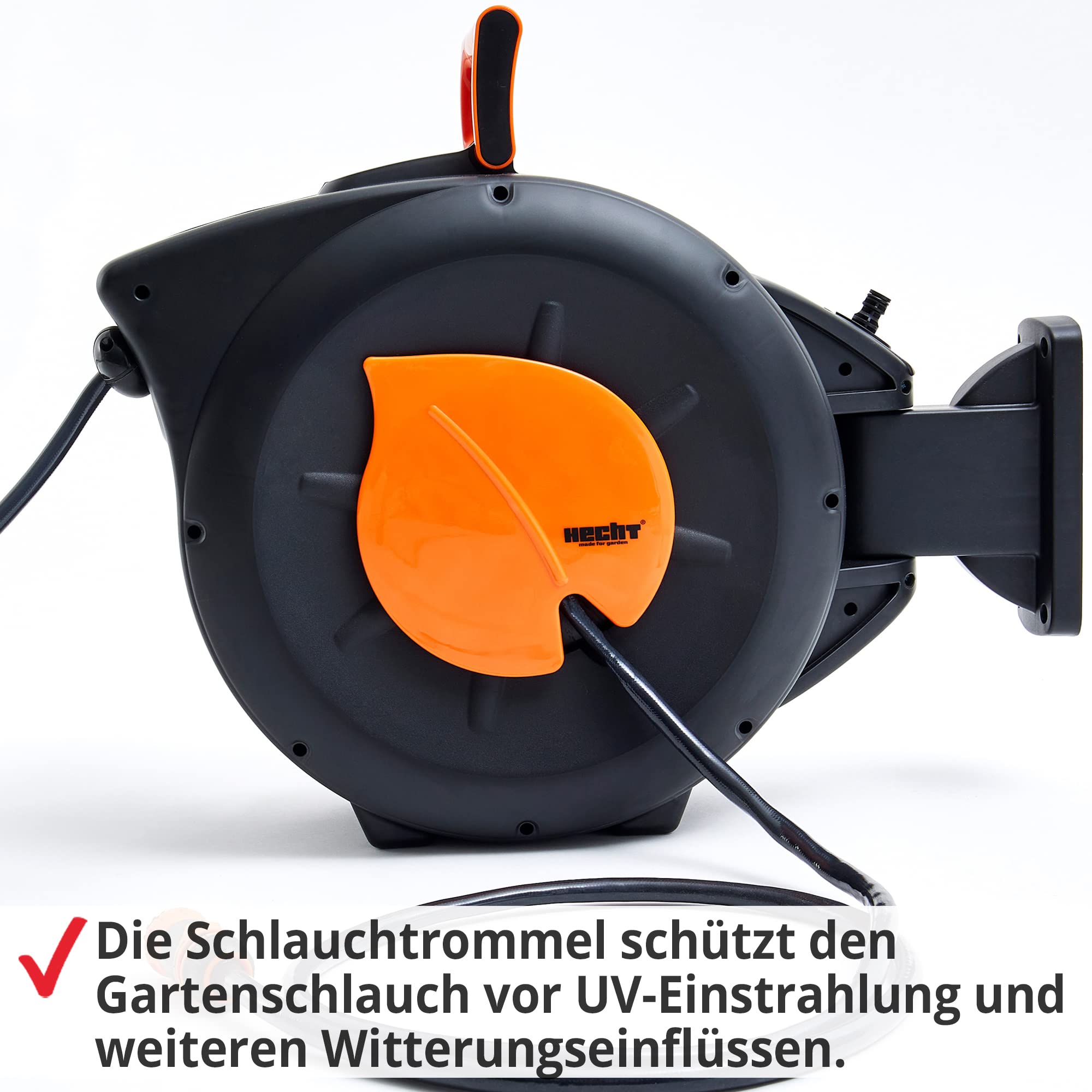 HECHT Automatik Wand-Schlauchtrommel 20+2 m – mit Metall-Gartenbrause | Inkl. Gartenschlauch, Wandhalterung, Schnellkupplung, Gartenspritze & Metall-Gartenbrause – für Gartenbewässerung