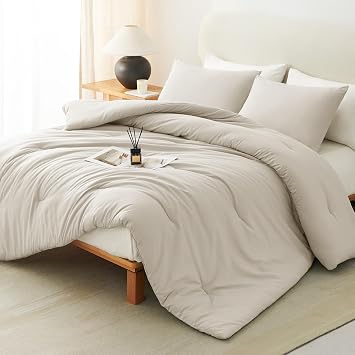 CozyLux Full Size Comforter Set Beige, 3 Pieces Lightweight Down Alternative Quilted Bedding Sets, All Season Soft Breathable Solid Comforter with 2 Pillowcases, Luxury Bed Set Gift for Home