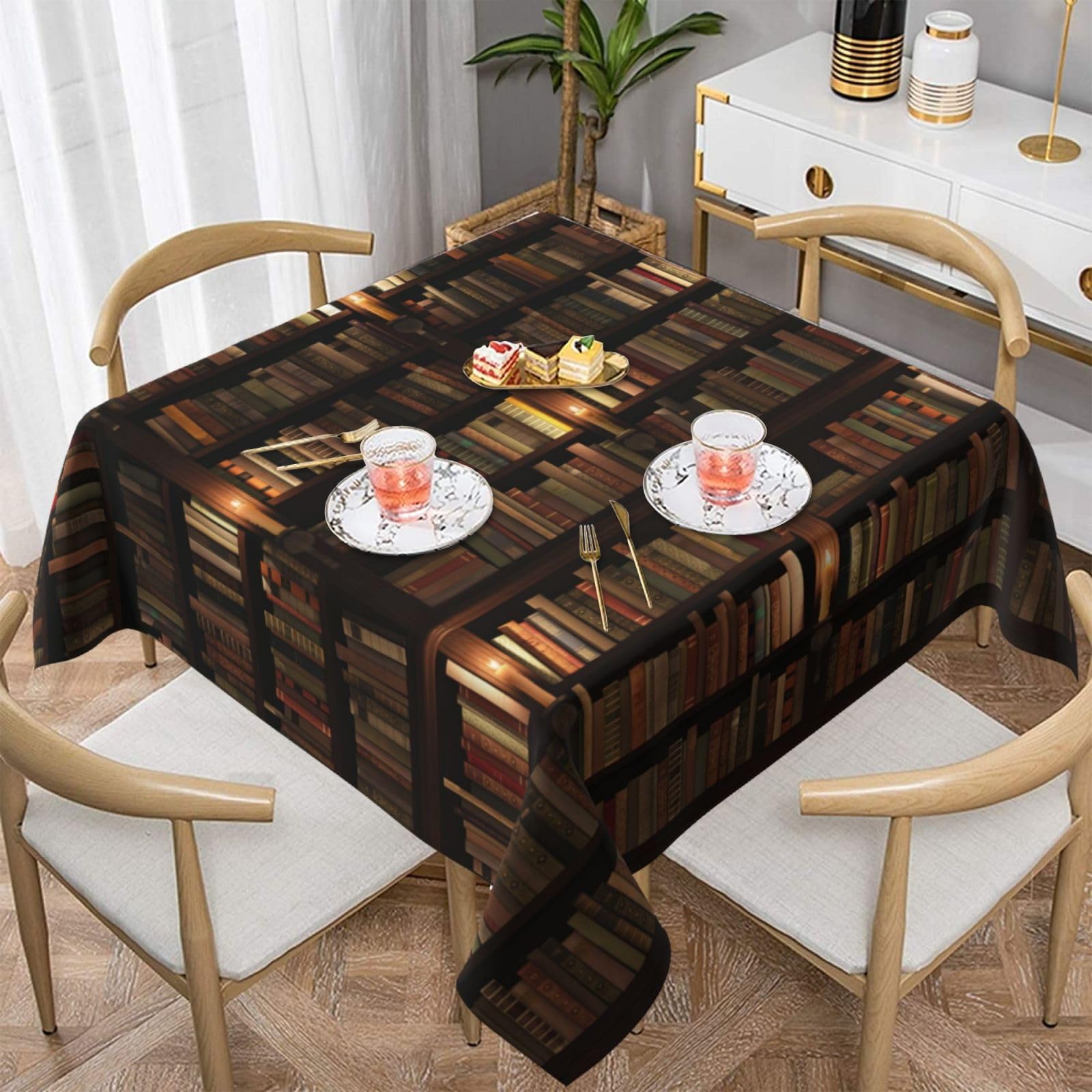 JAMCHE 152x152 Cm Wipe Clean Table Cloth Square Library Bookshelf Book Tablecloth Modern Washable Wrinkle Free Table Cover For Kitchen Dinner Picnic Outdoor Party Tabletop Decoration