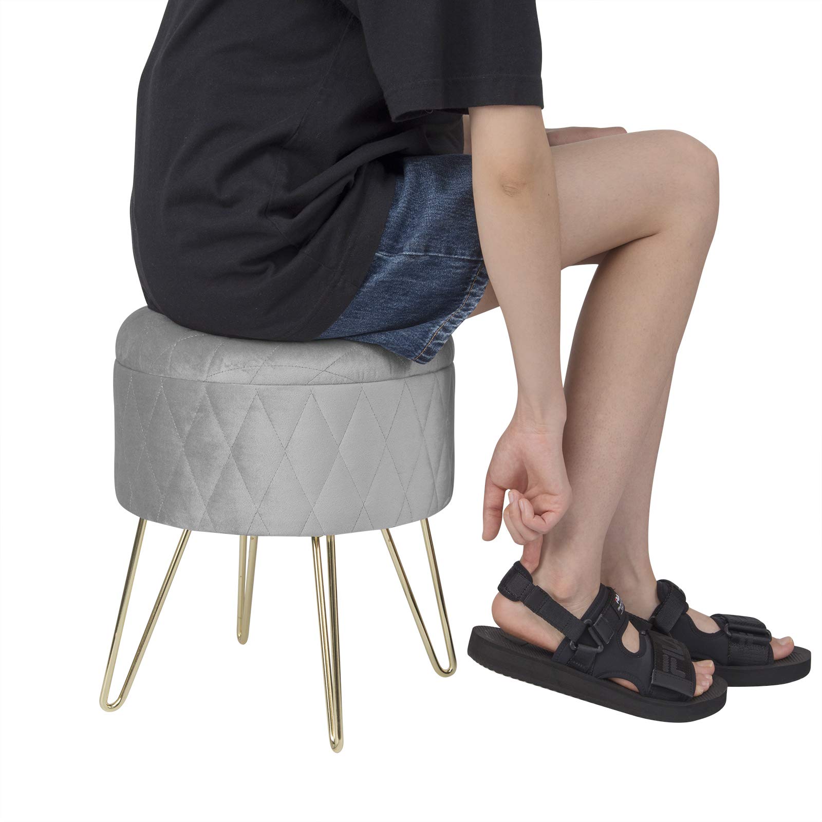 WOLTU Puff Asiento Almacenaje Terciopelo Redondo/Otomana Taburete Sofá Dormitorio Habitacion con Tapa Caja de Almacenamiento 31,5 x35cm Gris Claro