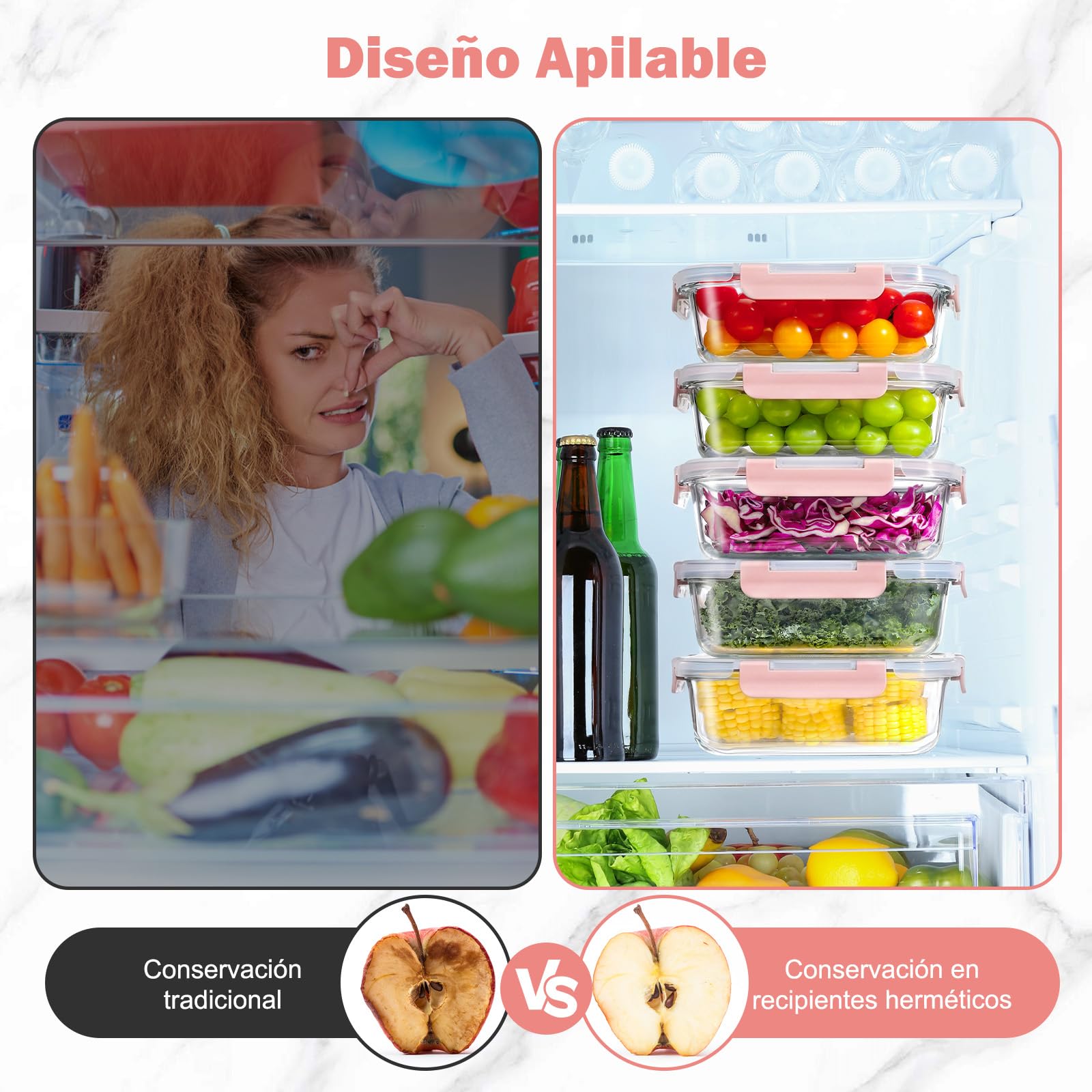 YASHE 10 Piezas Recipientes de Vidrio con Tapas Herméticas, Reutilizables, Apto para Microondas, Horno, Congelador y Lavavajillas, Sin BPA, Fiambrera Cristal, Rosa