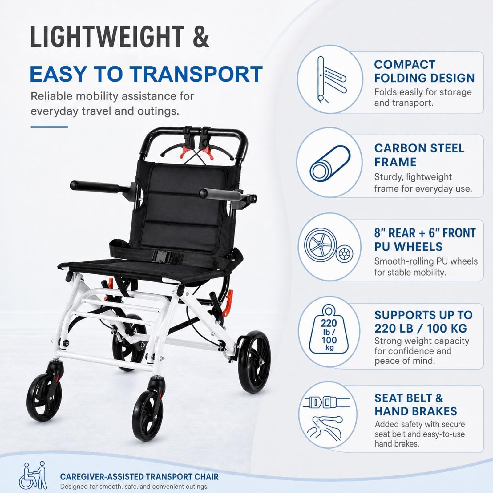Rollstuhl Faltbar Leichtgewicht 8,2 kg – Transportrollstuhl mit Handbremse, Reiserollstuhl für Senioren & Behinderte, Belastbar bis 100 kg, Kompakt für Reisen Innen & Außen