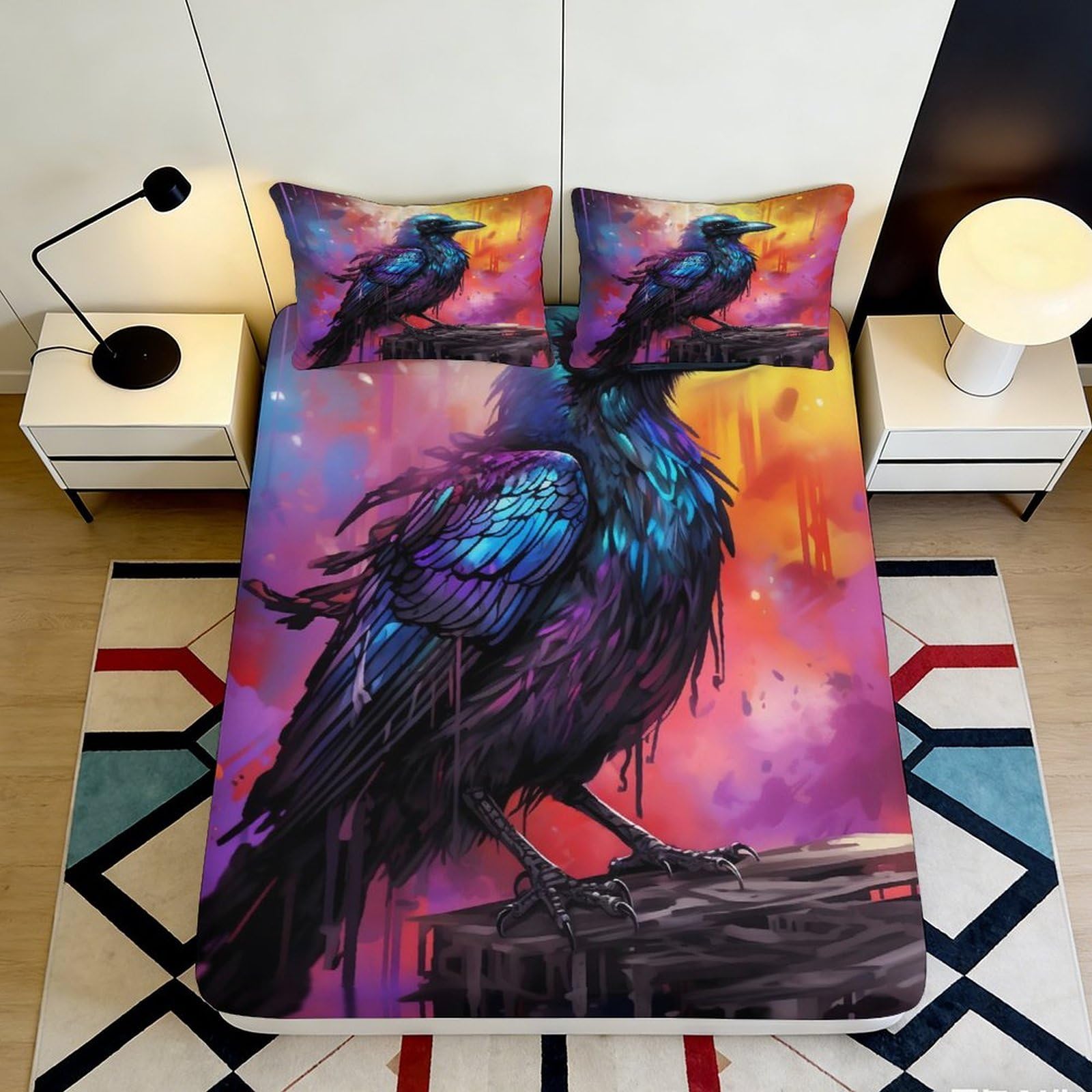 3D Printed Raven Art Fitted Sheet Microfiber Vibrant Purple Mattress Cover for Bedroom Dorm Decorative Protection 90x200x25cm