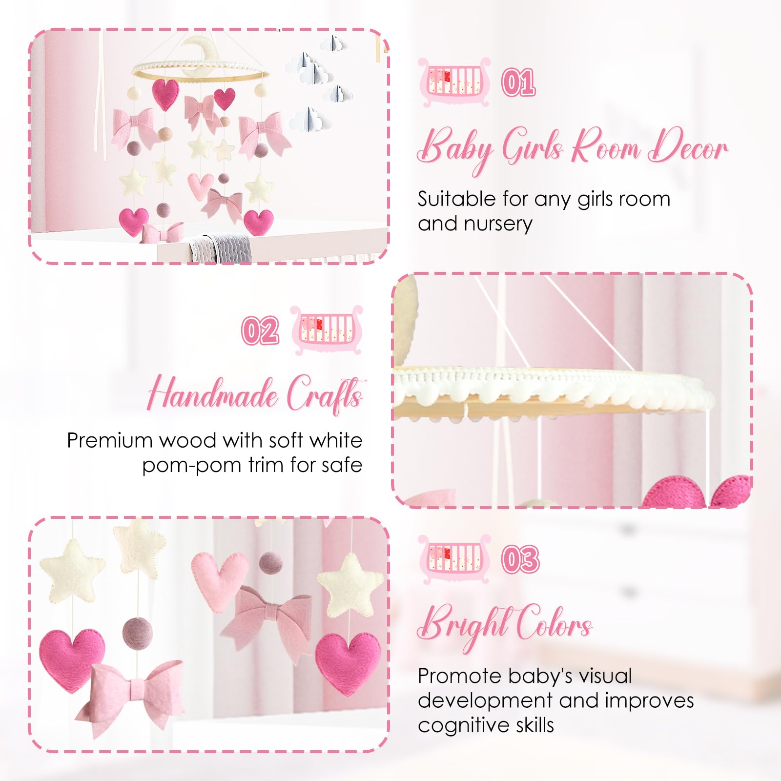 Mobile Lit Bébé Bois Rose Nœud Étoiles Lunes - Carillon Suspendu Chambre Bébé Fille, Cadeau Naissance