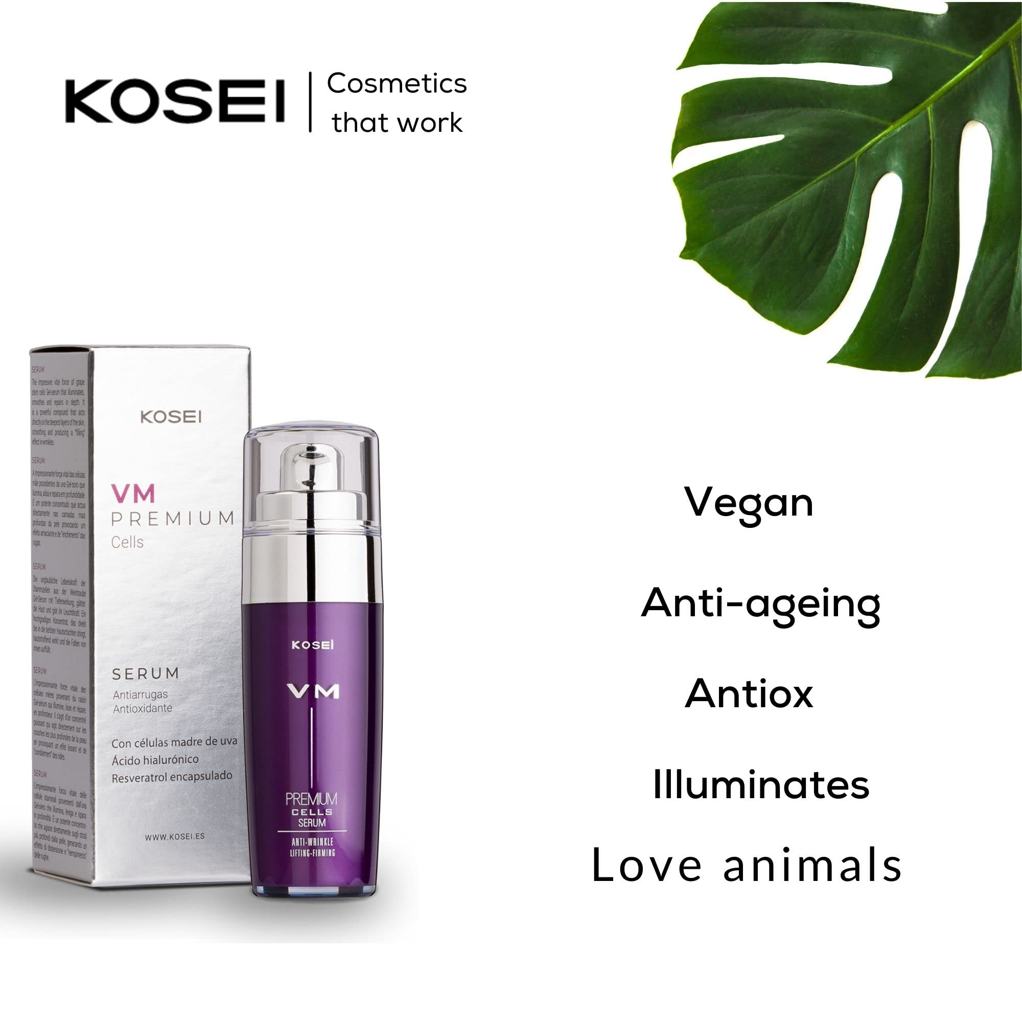 Kosei - VM Premium Cells - Sérum Antiarrugas - 30 ml - Rellenador de Arrugas - Con Ácido Hialurónico - Con Efecto Alisante - Sin Alcohol - Sin Colorantes - Vegano
