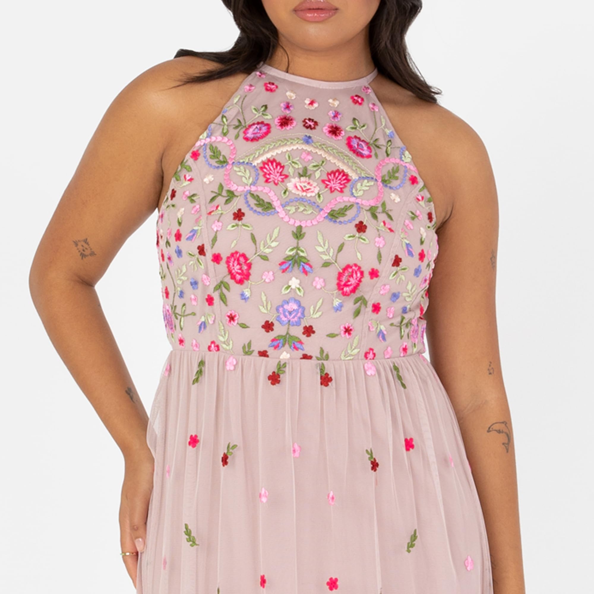 Maya Deluxe Abito Maxi da Donna, Senza Maniche, con Scollo A V, Motivo Floreale, Linea A, per Matrimoni, Feste, Gown NAN