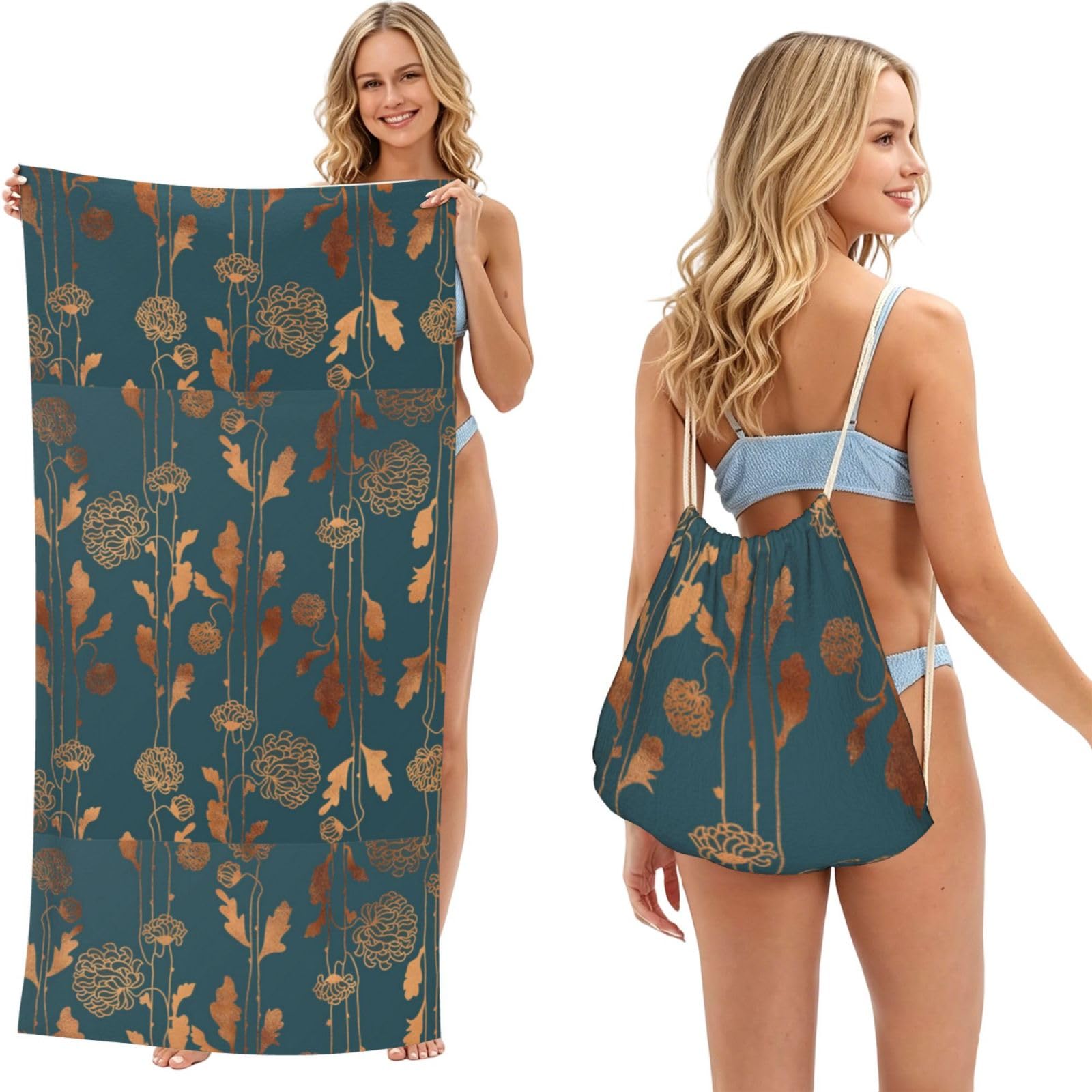 Poadnly As Picture Art Deco Copper Flowers, 2 In 1 Packable Towel Bag, Beach Towels With Drawstring Backpack For Travel Holiday Camping