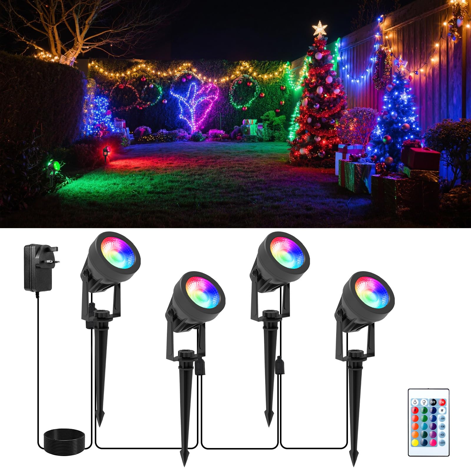 Garden Lights Mains Powered, RGB Garden Spike Lights, LED Landscape Spotlights with Remote Control, IP65 Waterproof Pathway Lights for Outdoor Christmas Decorations, Lawn, Pathway Yard (4-in-1)