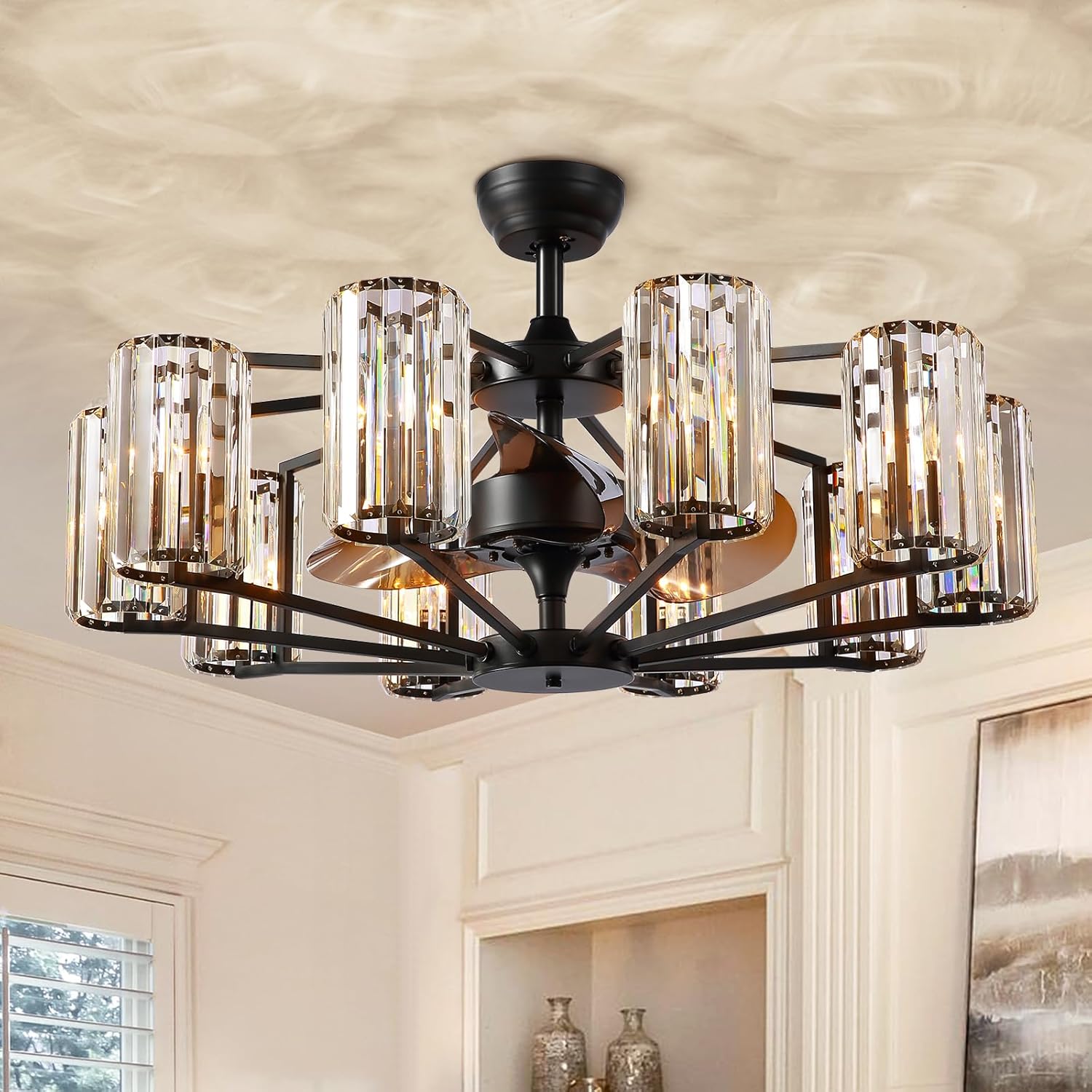 Large Crystal Caged Ceiling Fan with Light 10 Lights Vintage Black Crystal Chandelier Fan 34" Flush Mounted Ceiling Fan Light Fixture for Living Room Dining Room Hotel Foyer Black 10-Lights