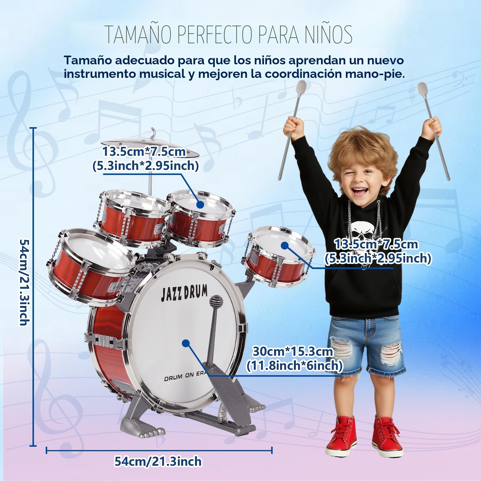 m zimoon Batería de música para niños Kit, Juego Tambor Jazz Junior 5 Tambores con Taburete para Instrumento Musical de Percusión Día ​Festivo Regalo uguete Educativo por Niños Y Niñas Principiantes