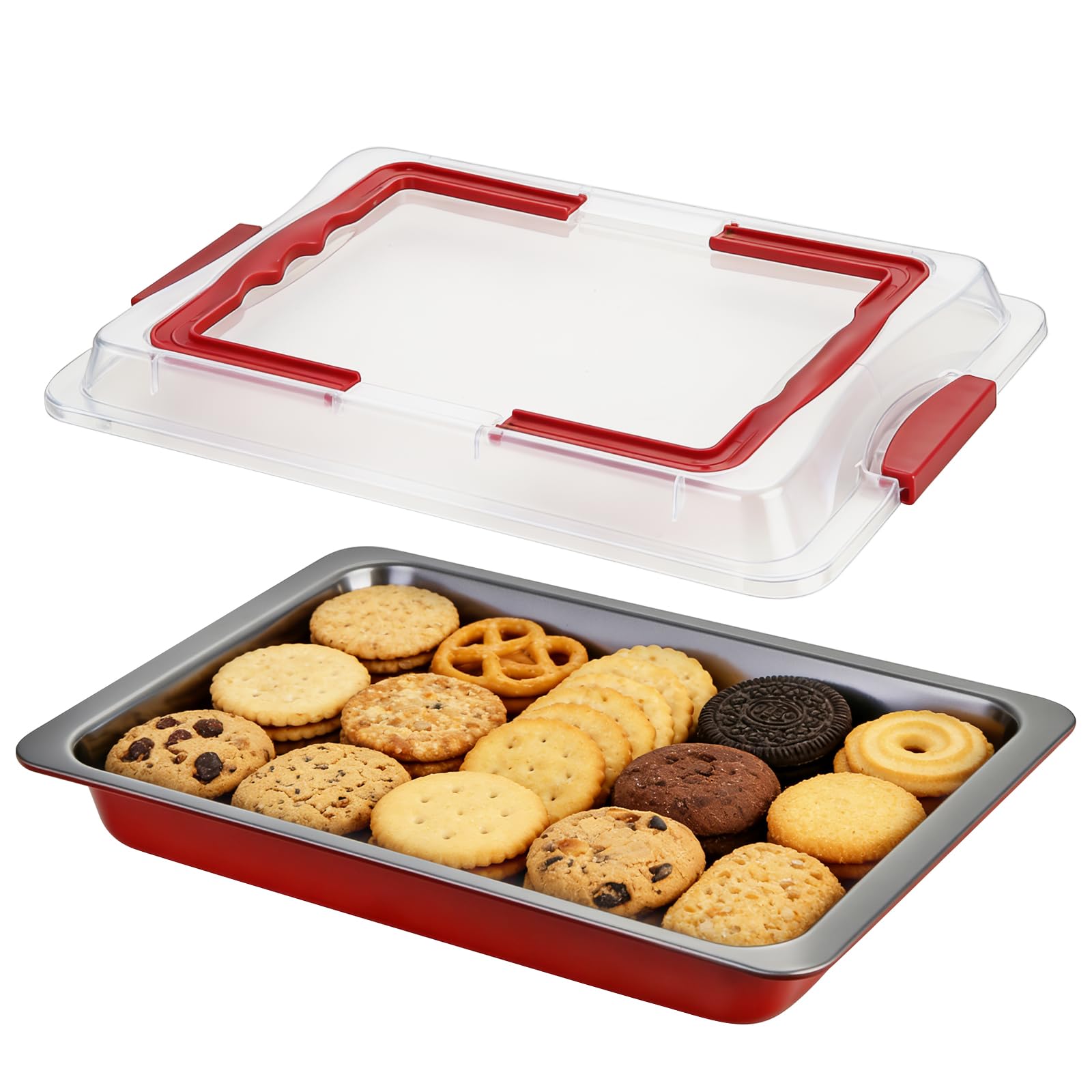 Photo 1 of **ITEM DAMAGED**
**NON RETURNABLE**
**NON REFUNDABLE**



Cookie Tray with Lid, Cookie Serving Tray for Party, Reusable Carbon Steel Serving Platter with Non-Stick Coating, with Lid and Foldable Handle, for Parties Food Display, Easy to Carry, Party Suppl