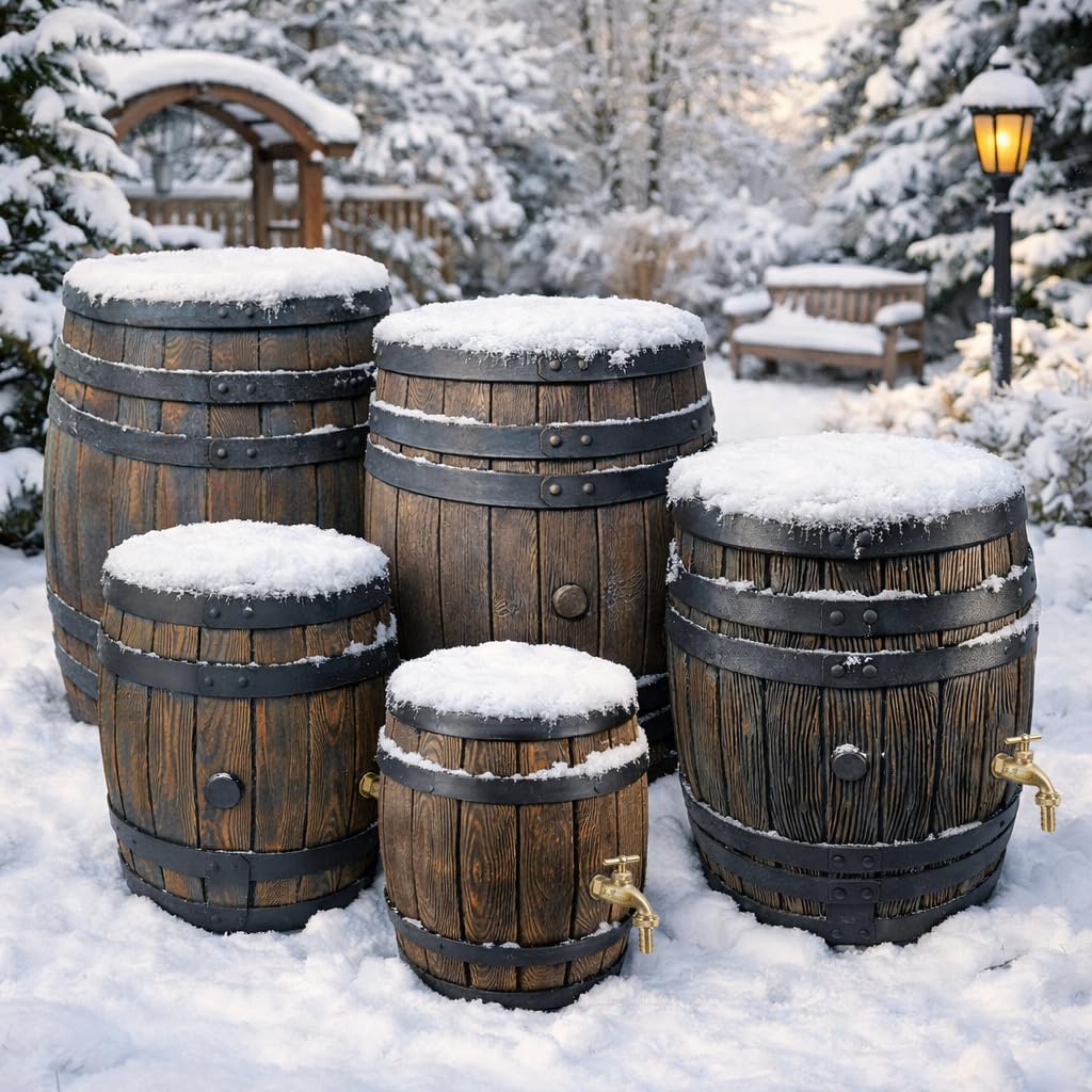 Beczka na deszczówkę, beczka ogrodowa, beczka dębowa, mosiężny kran o wyglądzie drewna (210 l, beczka dębowa + mosiężny kran)