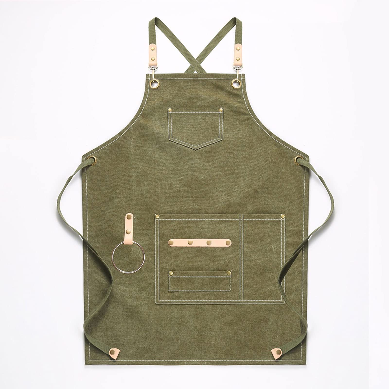Tablier de Cuisine en Toile et Cuir pour Femme et Homme, idéal pour Barista, Barman, barbier, café, Restaurant, Protection (Vert)