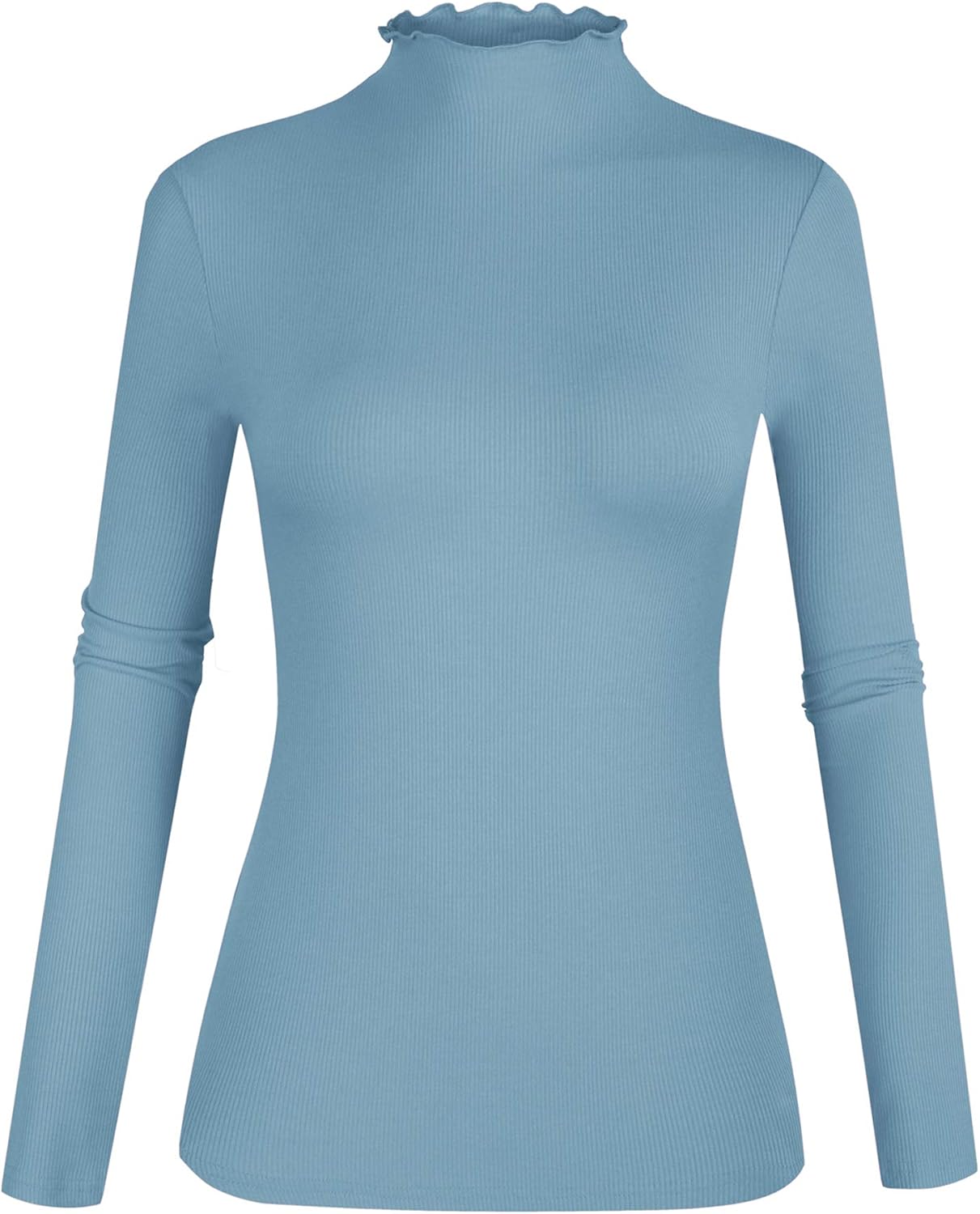 POPZONE Women's Lettuce Trim Mock Neck Long Sleeve Slim Fit Ribbed Knit Tee Shirt Tops Small 03-haze Blue