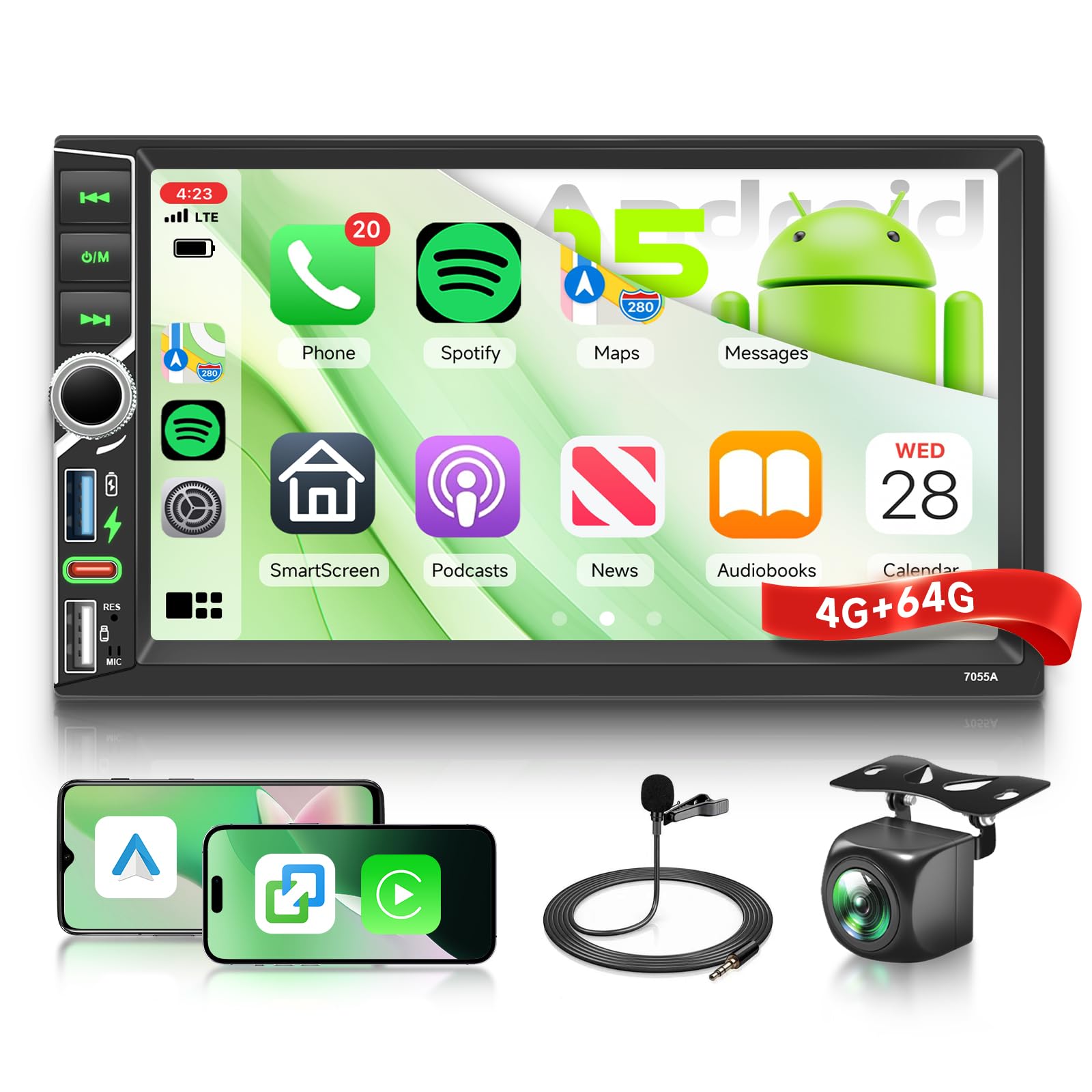 Hodozzy 4G+64G Radio Android 2 DIN con Carplay Inalámbrico Android Auto, Radio Coche Pantalla Táctil 7 Pulgada con GPS Navegación WiFi DSP Bluetooth Mirror Link SWC FM/RDS, USB/Tipo C+ Camera