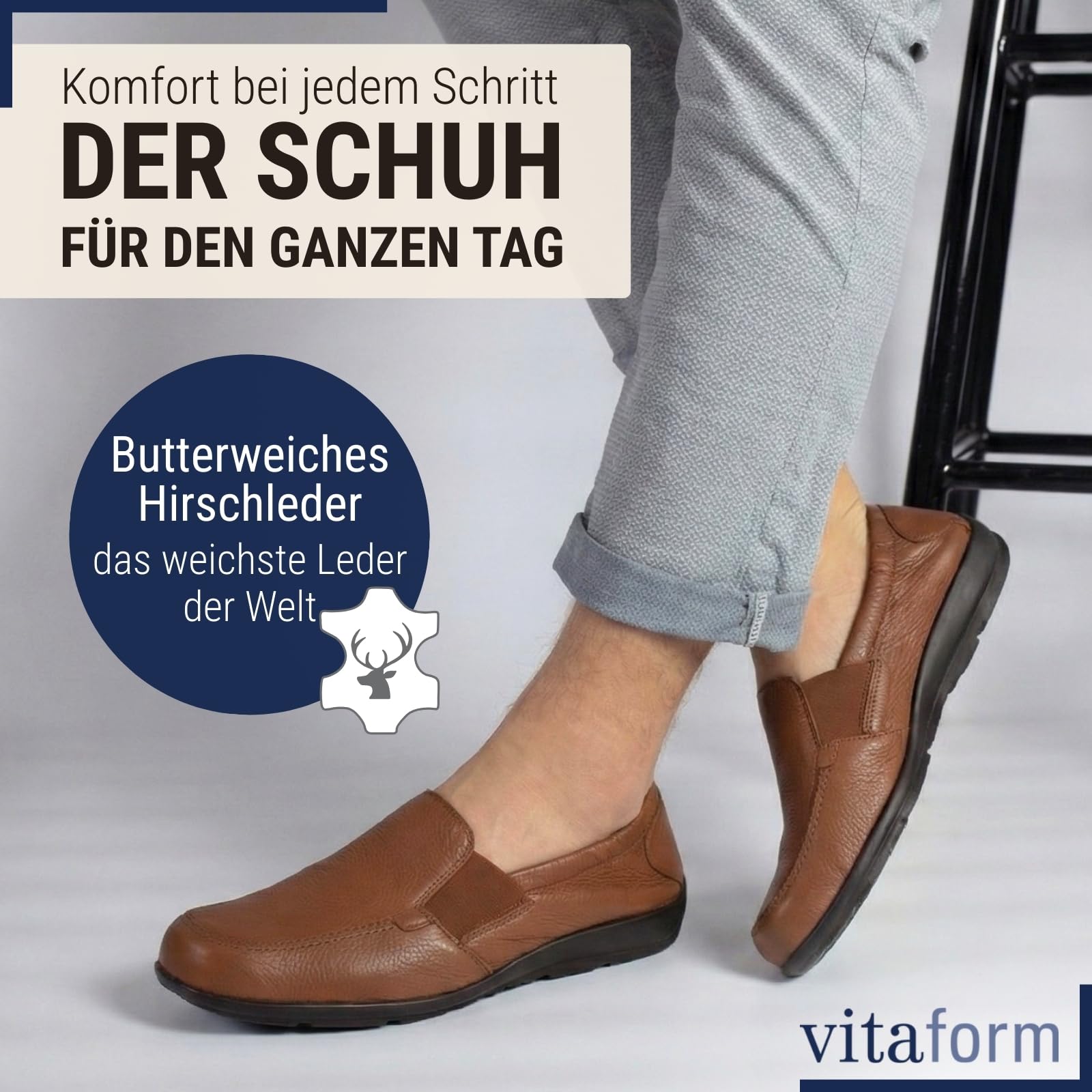VITAFORM® Mokassins für Herren | Slipper | atmungsaktives Hirsch-Leder | Shock Absorber | austauschbares Luftpolster-Fußbett | weich und geschmeidig | für Normale bis kräftigere Füße