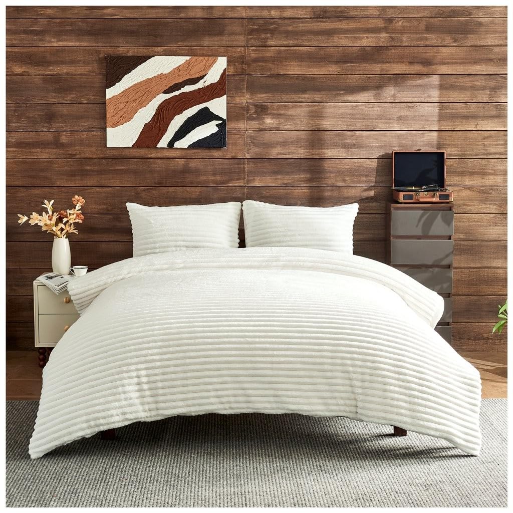 David & Amaya Teddy Fleece Duvet Cover Set – Chunky Ribbed Super Soft Warm Cosy Bedding with Pillowcases – Easy Care, Durable, Snuggly Polyester Quilt Set (White, Single)