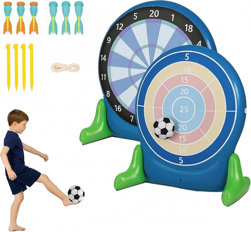 Hearthsong Jumbo Juego de fútbol y dardos inflables 2 en 1 de 57 pulgadas con marcador de doble cara, dos balones de fútbol, ​​seis dardos, juego al aire libre, a partir de 5 años