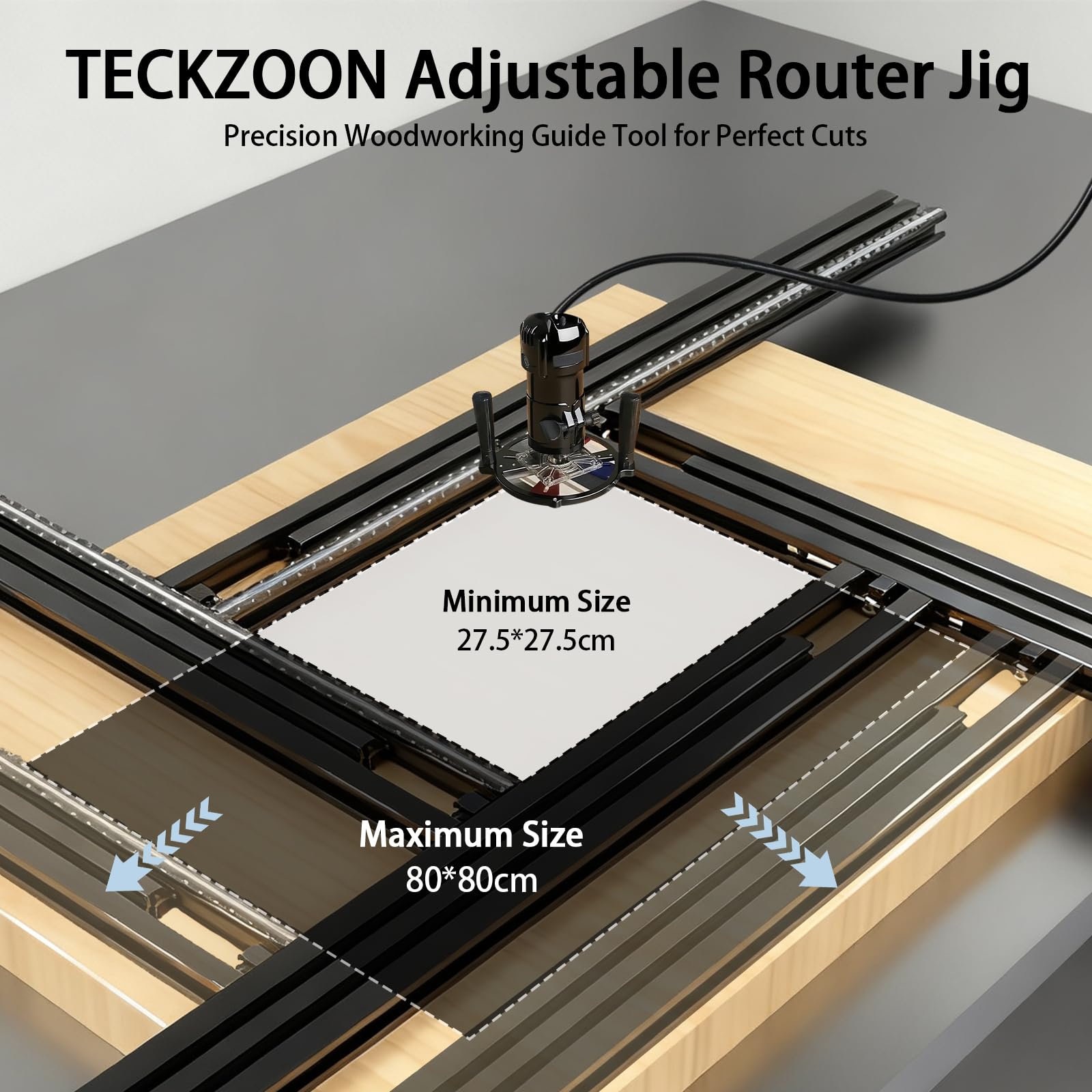Mascherina di fresatura regolabile 800 x 800 mm, Guida per fresatrice e jig per levigatrici a tuffo, ausilio in legno per realizzare scanalature quadrate e rettangolari (con 2 morsetti metallici a G)