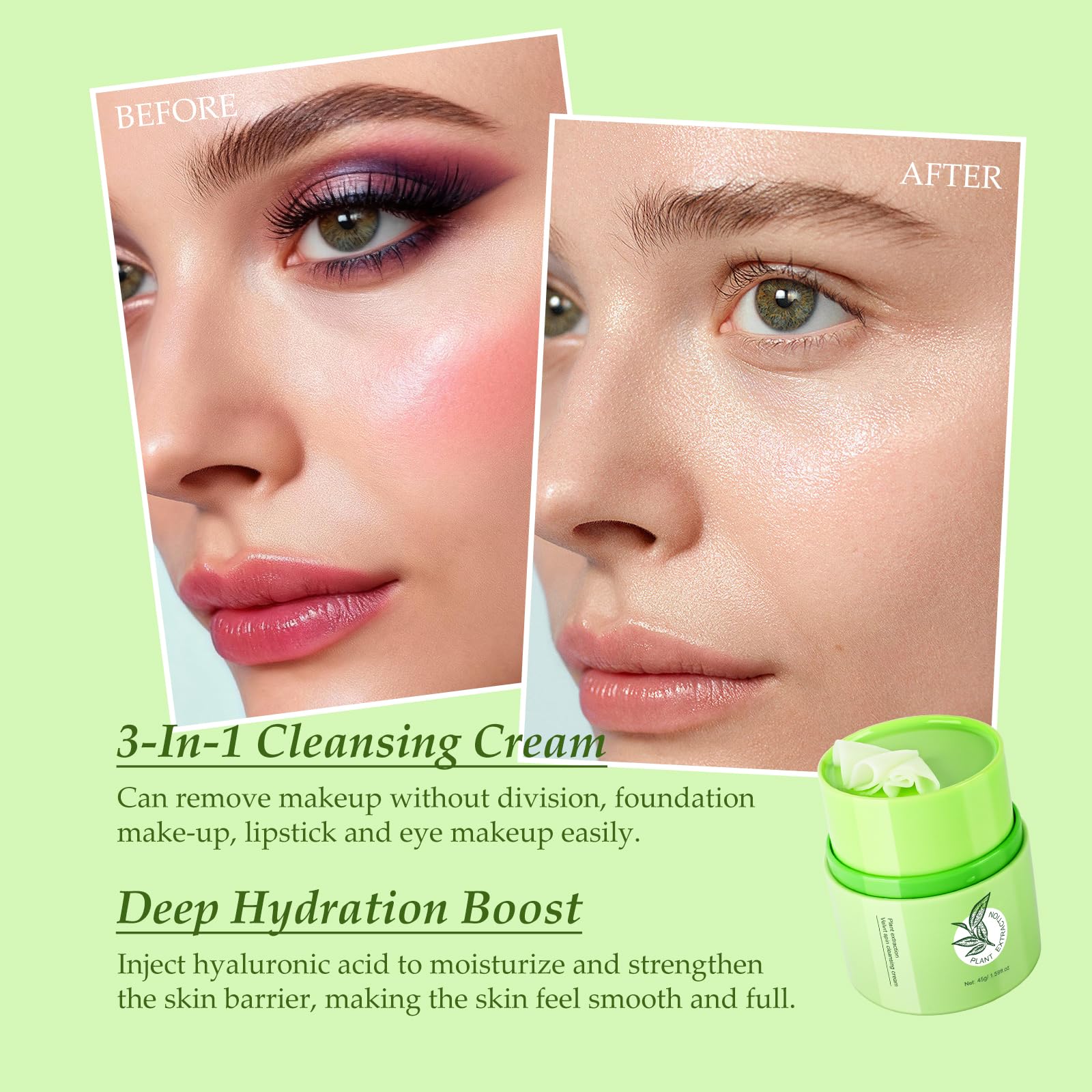 KYDA Gentle Plant Grinding Cleansing Balm, One-Step Makeup Cleansing Balm Makeup Remover with Plant Extracts and Hyaluronic Acid, Non-Greasy, Hydrating and Nourishing for All Skin Types, 1.58 Fl Oz