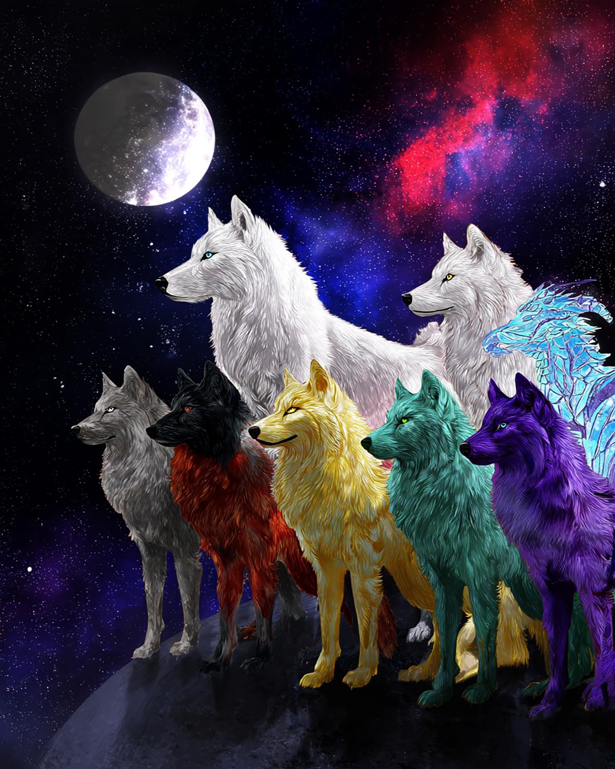 Liubaishi Multicolour Paint By Numbers Kit For Adults, Wolf Pack Moon Galaxy, 40X50 Cm Acrylic Canvas Painting Set