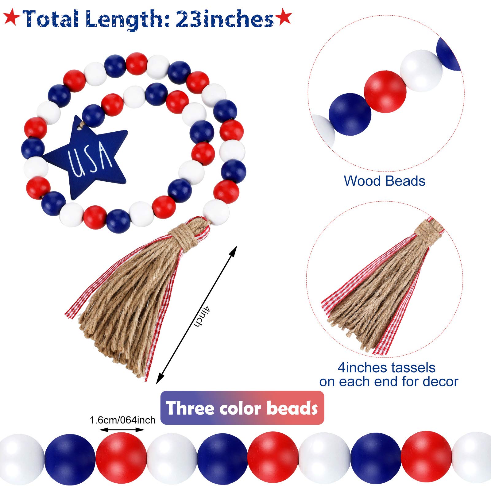 3 Pieces Independence Day Wood Bead Garland with Rustic Tassels Patriotic Labor Day Wood Bead with American Flag and Wooden Heart Hanging Sign for Farmhouse Wall Hanging Prayer Beads Boho Home Decor