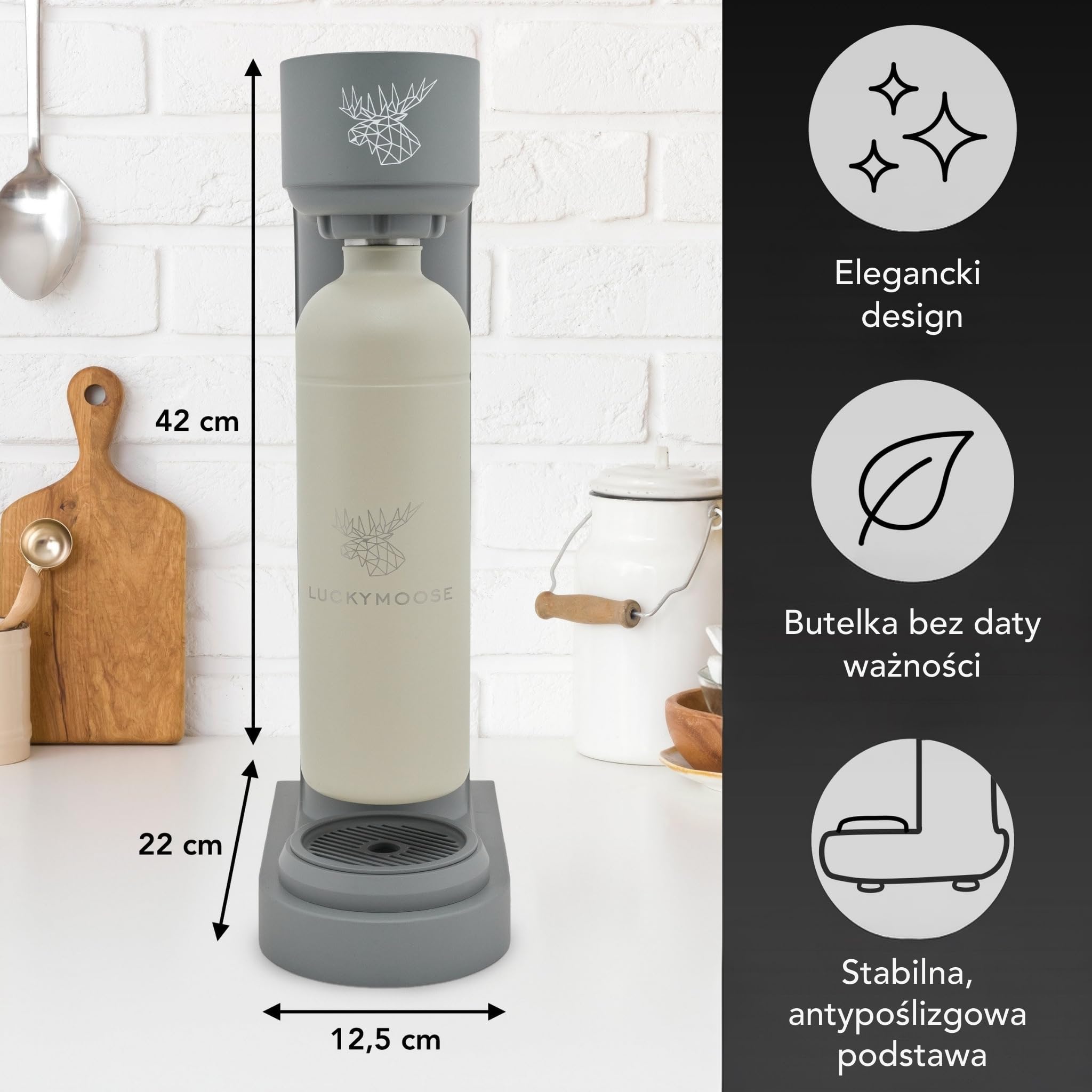 Luckymoose Infinity saturator do wody z 2x 1,25L trwałymi butelkami ze stali nierdzewnej do zmywarki – oszczędna maszyna do wody gazowanej – kompatybilny z niebieskimi cylindrami CO₂ 60l