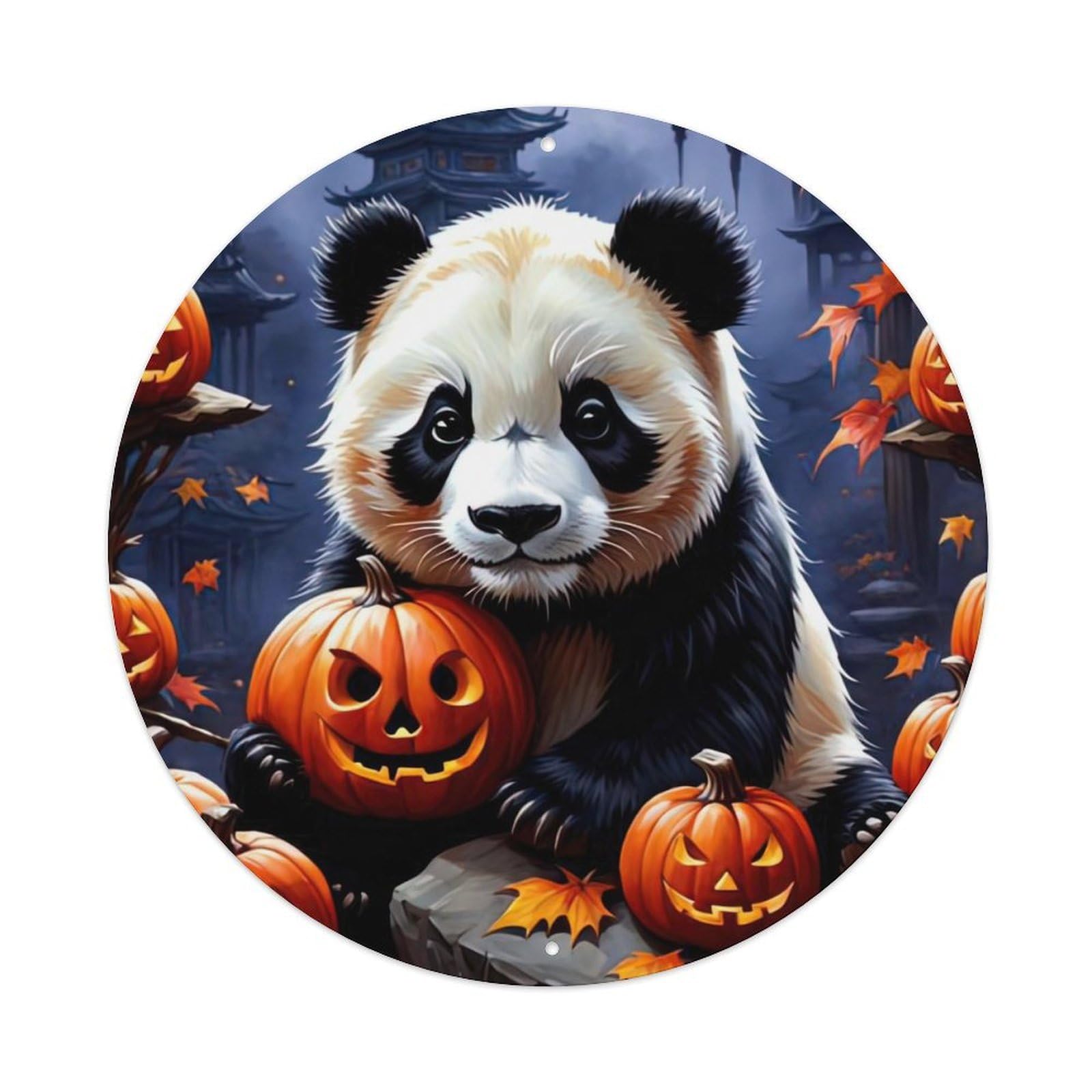 Animal Artwork Panda Next to Pumpkin Vintage Metal Tin Sign Plaque Wall Decor for Cafe, Club, Garden Round Metal Poster 8x8Inch