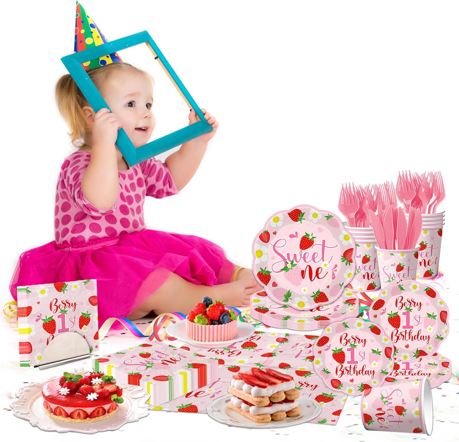 Berry First Birthday Decorations Tableware,150pcs Berry Sweet One Plates and Napkins,Cup, Forks Knives,Strawberry First Birthday Decorations for Girl,Serve 25 - Image 5