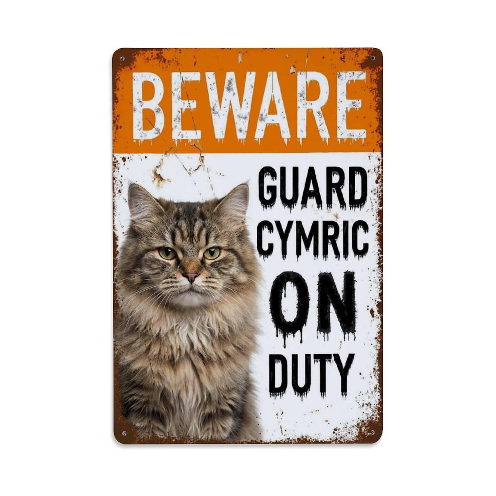 Vintage Funny Cymric Guard Beware of Cat Doormat Metal Tin Sign Plaque Wall Decor for Cafe, Club Bar, Office, Garden Metal Poster 8x12Inch