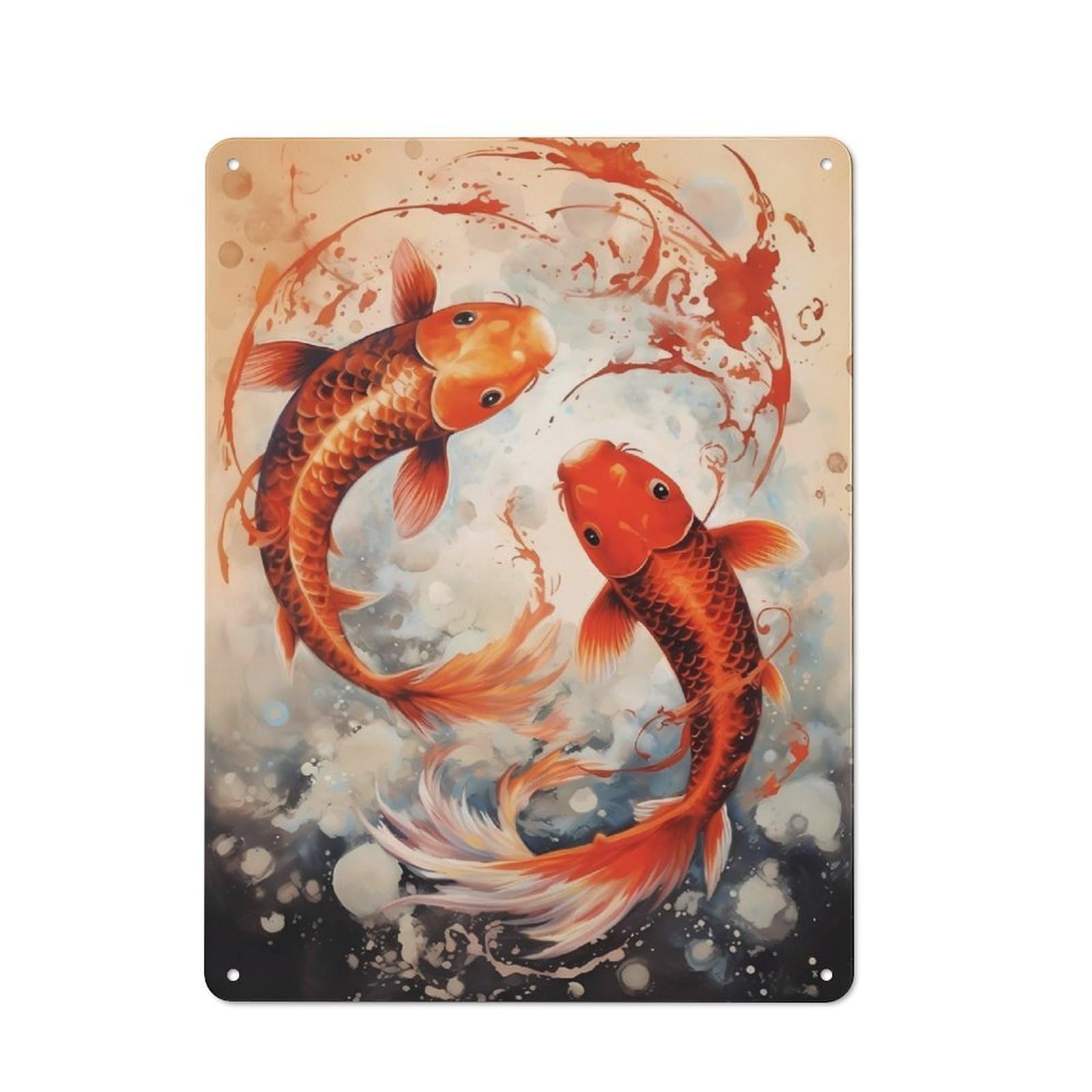 Junmoney Koi Fishes Rustic Tin Wall Plaque 40X30cm For Home Office Or Studio, For Garage, Workshop And Man Cave Decoration