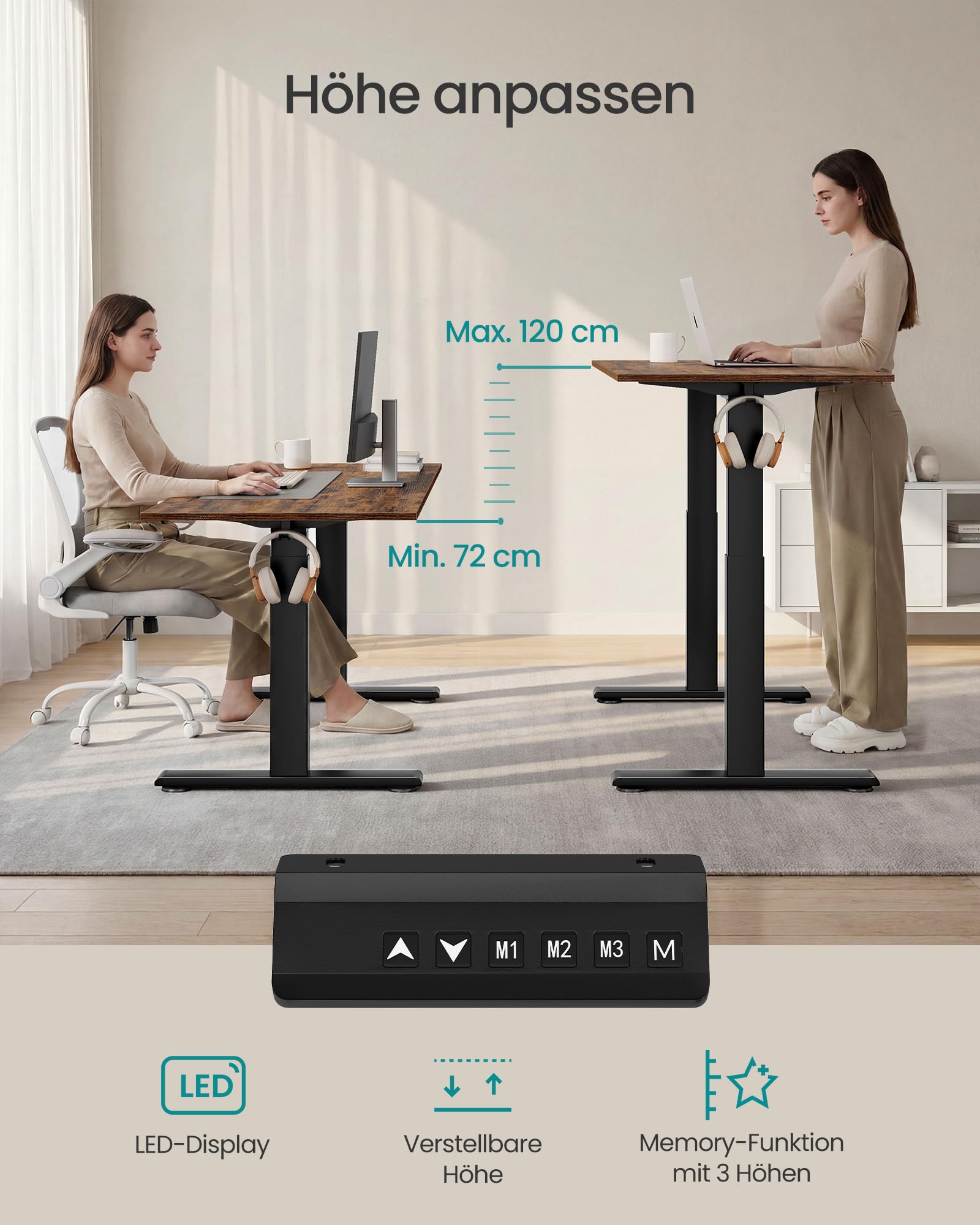 SONGMICS Höhenverstellbarer Schreibtisch Gestell, Elektrische Schreibtischgestell mit 2 Motoren, 4 Memory-Tasten, Stahl, (100-170) x 70 x (72-120) cm, Schwarz, Belastbar bis 120 kg, LSD019B01V3