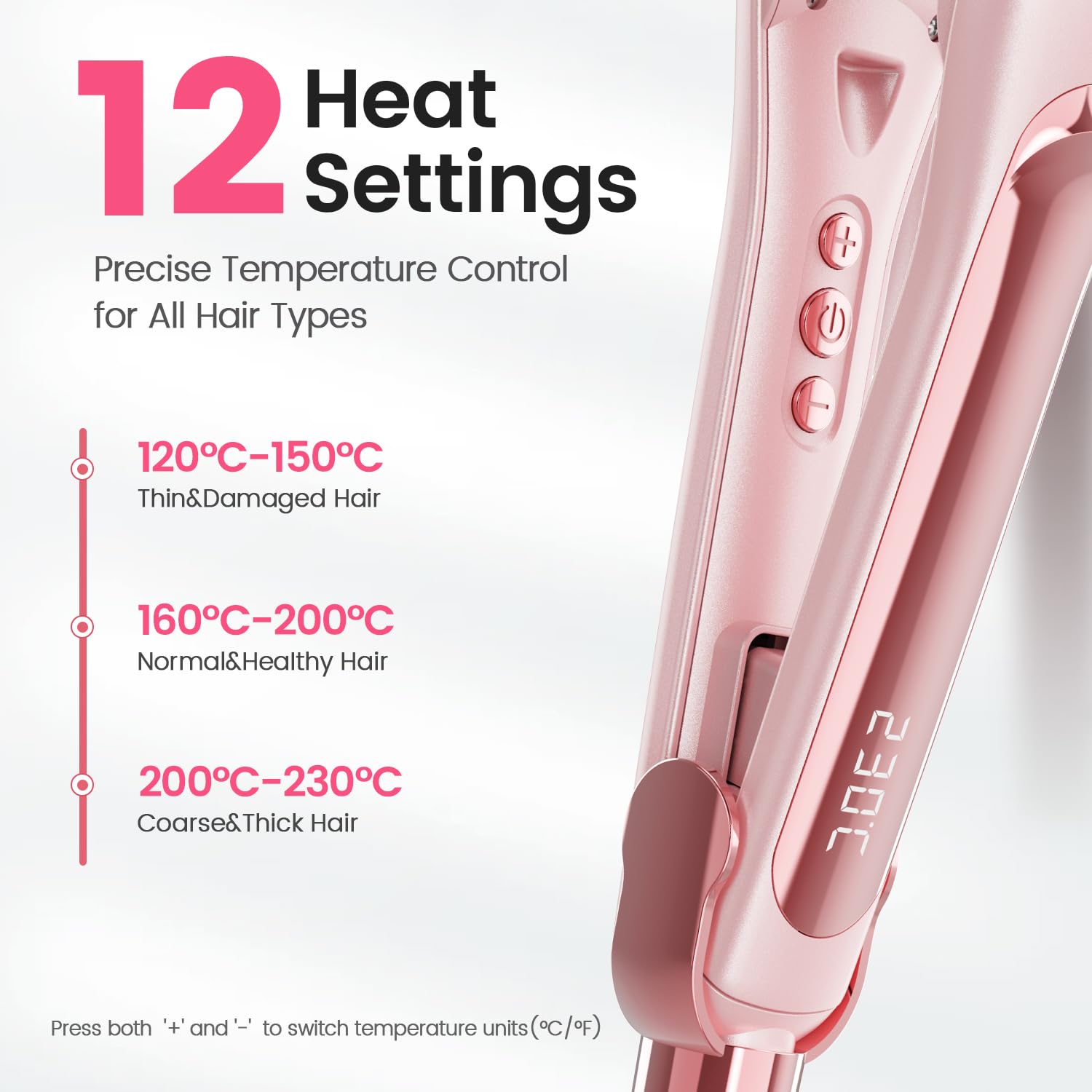 Dekuri planchas del pelo, plancha de pelo de 42 mm, plancha de cerámica sin fricción a base de agua para un cabello sedoso y suave, planchas de pelo profesional para mujeres, 120°C-230°C, Rosa