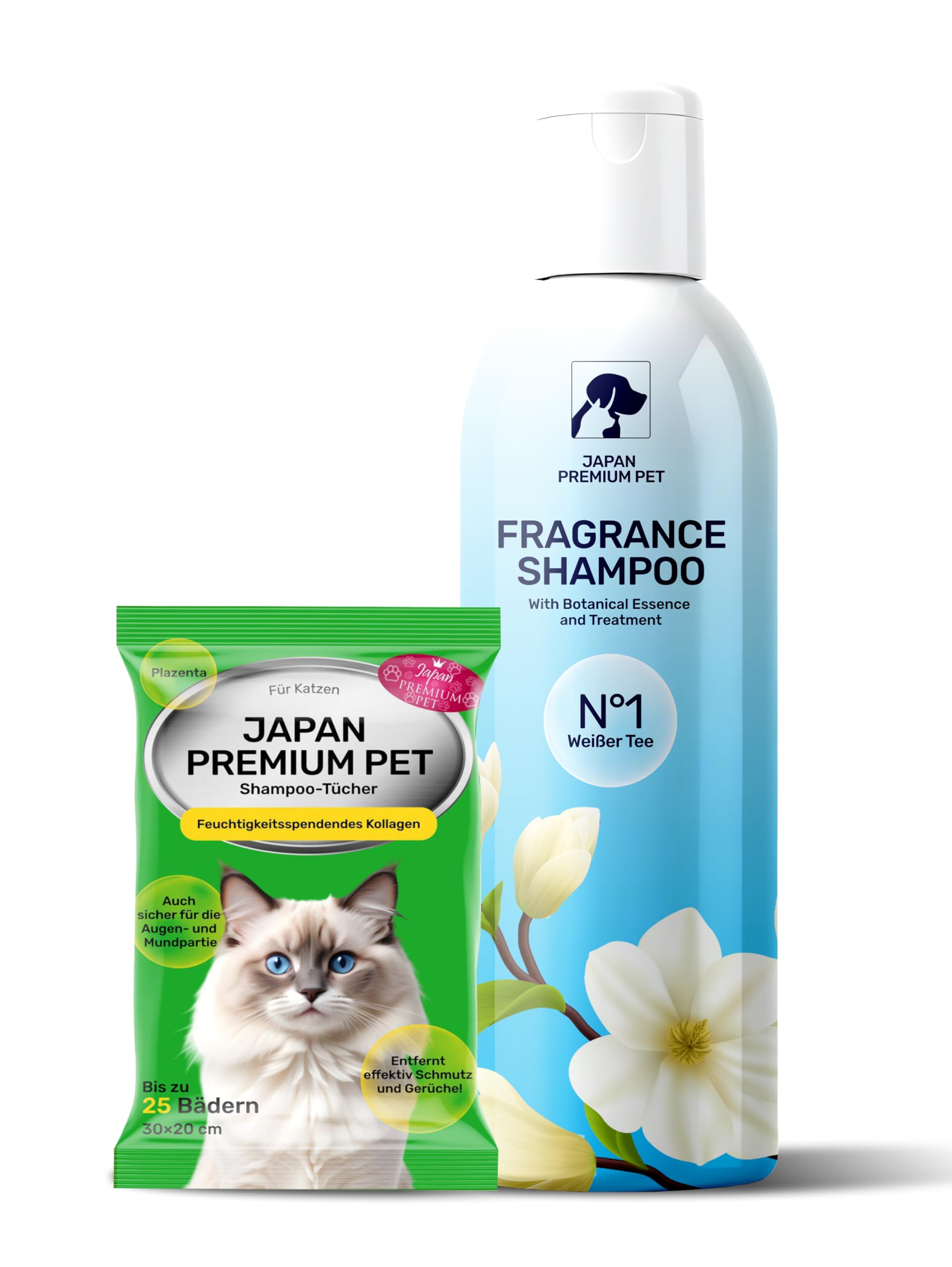 Katzenshampoo Handtuch (25 St) & Japan Premium Katzen & Hunde Shampoo (250 ml) | Reinigungstücher wie Trockenshampoo & Befeuchtendes Sensitiv-Shampoo für glänzendes Fell