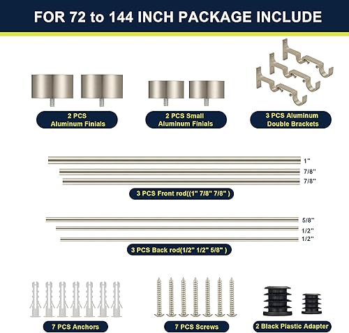 Miniatura 5 de Barras de cortina dobles para ventanas de 72 a 144 pulgadas, barras de cortina dobles delanteras de 1 pulgada y 58 pulgadas traseras con soportes de
