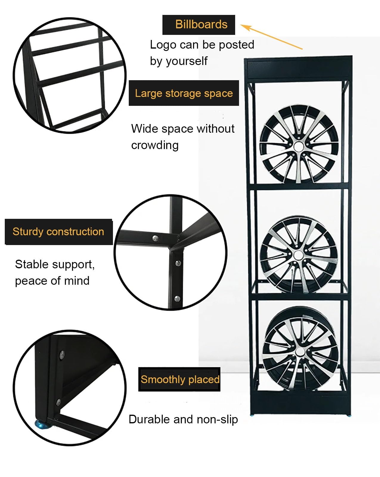 Porta Pneumatici, espositore per mozzi Antiscivolo con cartellone pubblicitario, Porta Pneumatici Anti-Vibrazione per Pneumatici Estivi e da Neve, Organizer per Pneumatic