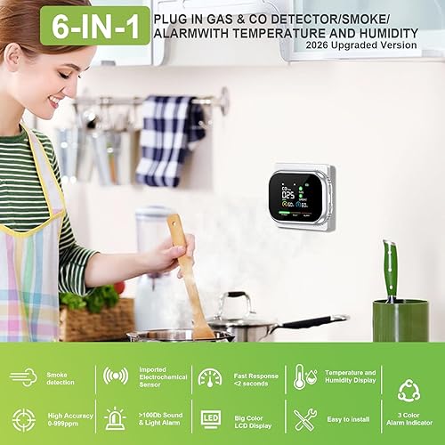 Miniatura 2 de Detectores de monóxido de carbono de humo enchufables 6 en 1 con interfaz de usuario inteligente giratoria de 360, pantalla HD, alarma de luz de