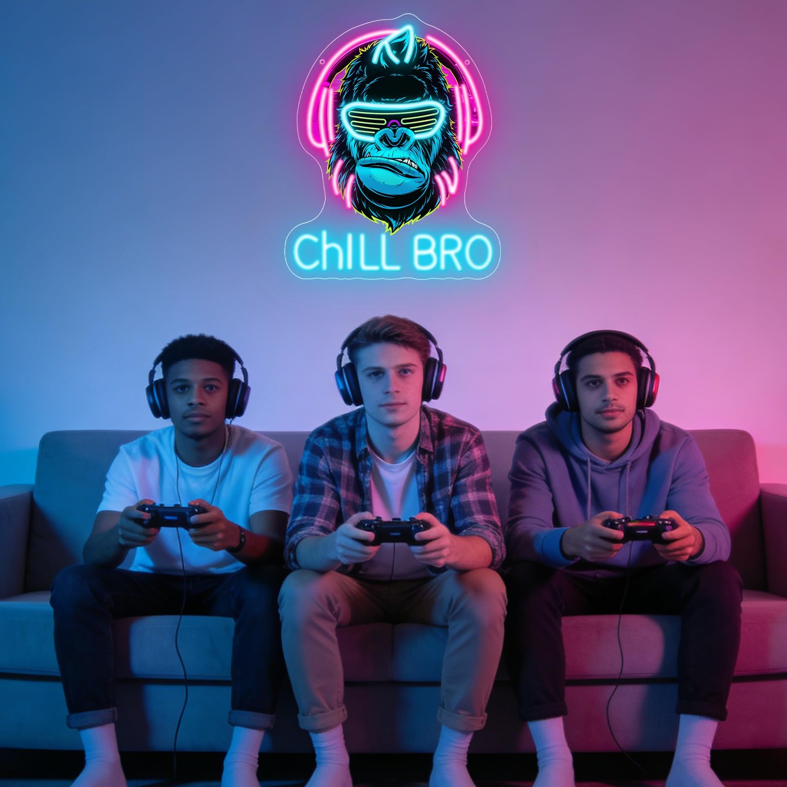 Chill Bro Gaming Headset Cartel de neón para decoración de pared, cartel de neón de gorila, carteles LED de zona de juegos para sala de juegos, decoración de accesorios de juegos, decoración